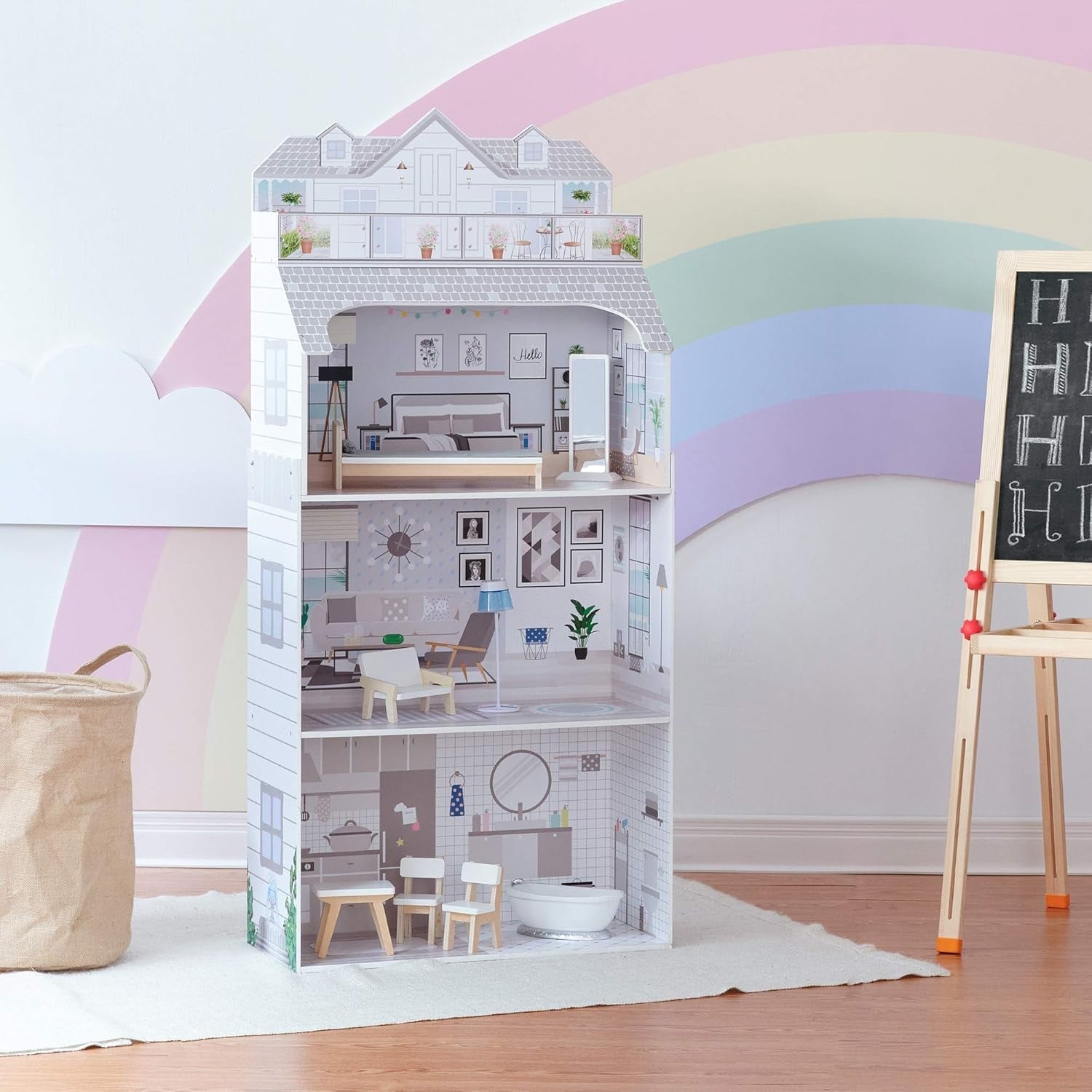 Teamson Kids Casa de păpuși gigantică Olivia's Little World cu mobilier și accesorii, casă de păpuși din lemn, joc cu 3 etaje pentru păpuși de 30 cm, vârste 3+