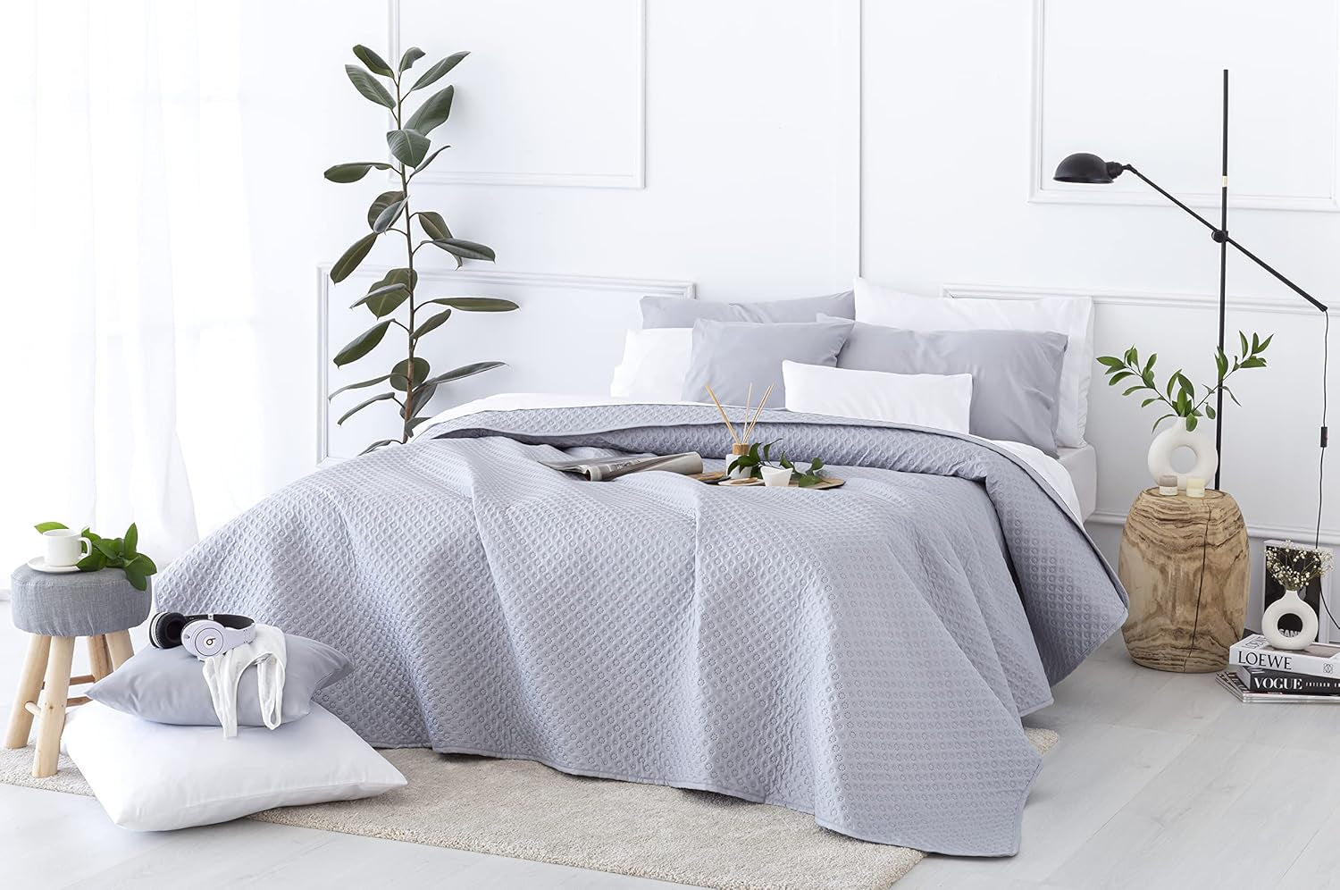 Cuvertură de pat Todocama Fine Boutique cu motiv Piqué, pentru primăvară, vară, toamnă și iarnă, 100% microfibră foarte moale, cuvertură multifuncțională, 140/150/160-250 X 260 cm, gri deschis Paturi si Cuverturi Besuche den Todocama-Store