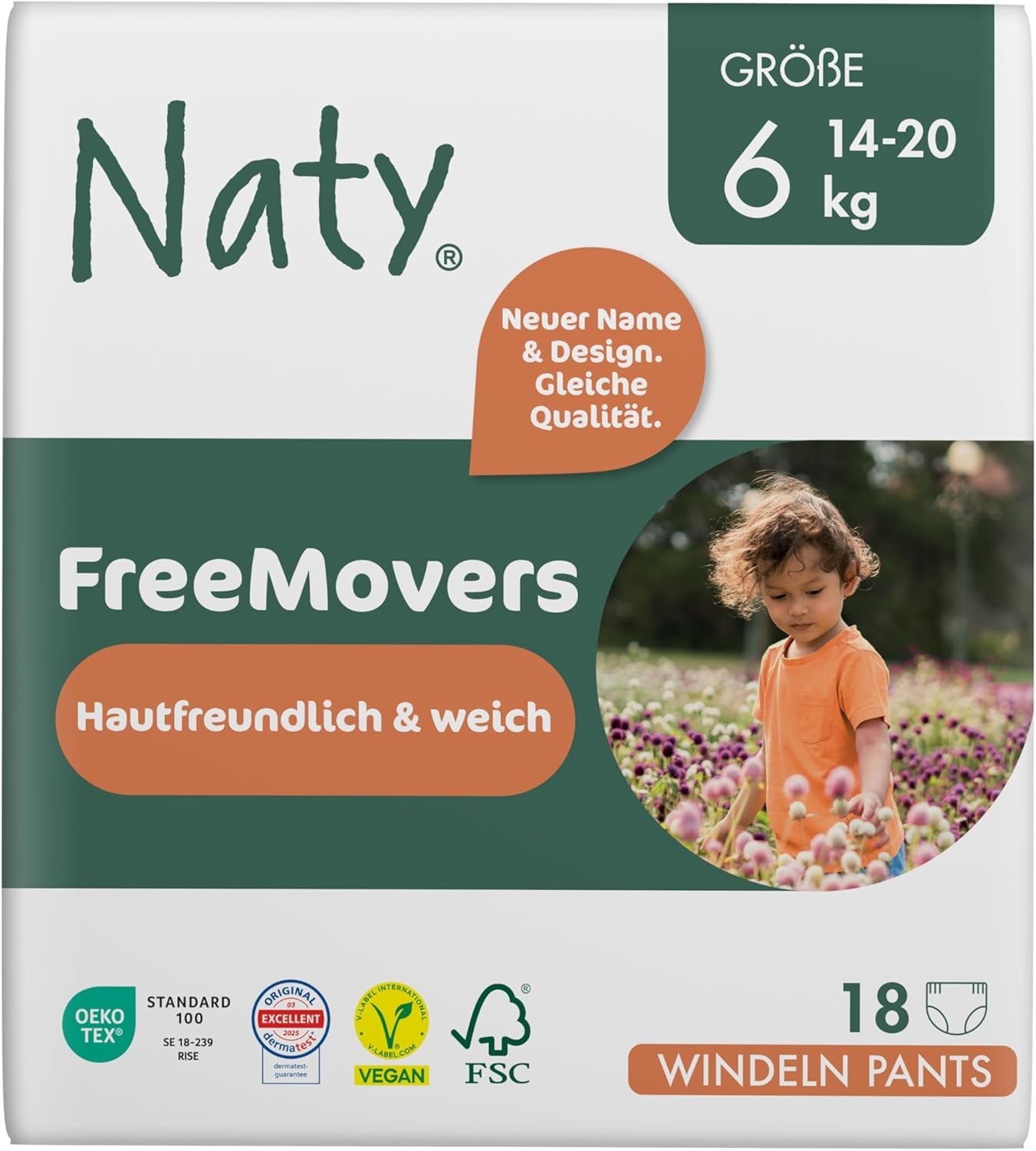 Scutece Naty FreeMovers pentru bebeluși | Huse de scutece certificate, prietenoase cu pielea | Moi și fără parfum | Absorbante și rezistente la scurgeri | Testate dermatologic | Mărimea 5 (12–18 kg) | 80 bucăți
