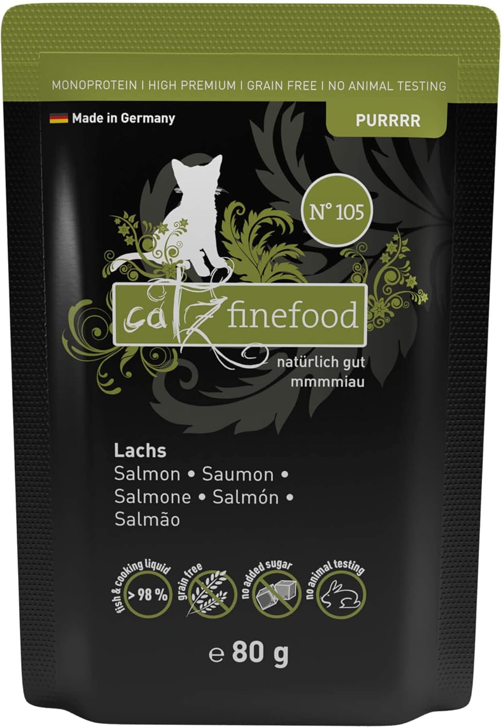 Hrană umedă pentru pisici Catz Finefood Purrrr cu monoproteină și somon nr. 105, pentru pisici cu digestie sensibilă, 16 x 80 g