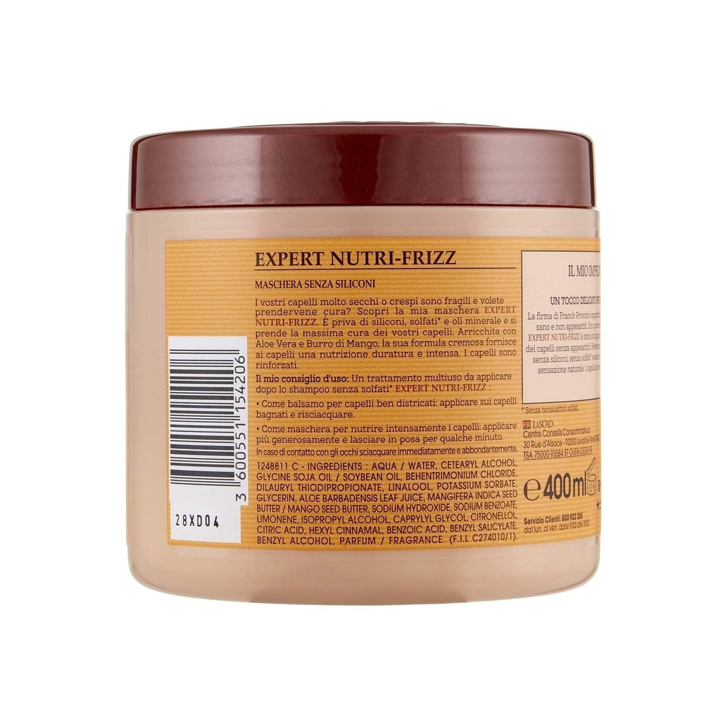 Franck Provost, Expert Nutri Frizz Mască de păr profesională pentru păr uscat sau creț, efect hidratant, cu aloe vera și unt de mango, 400 ml Masca de par Naty Shop