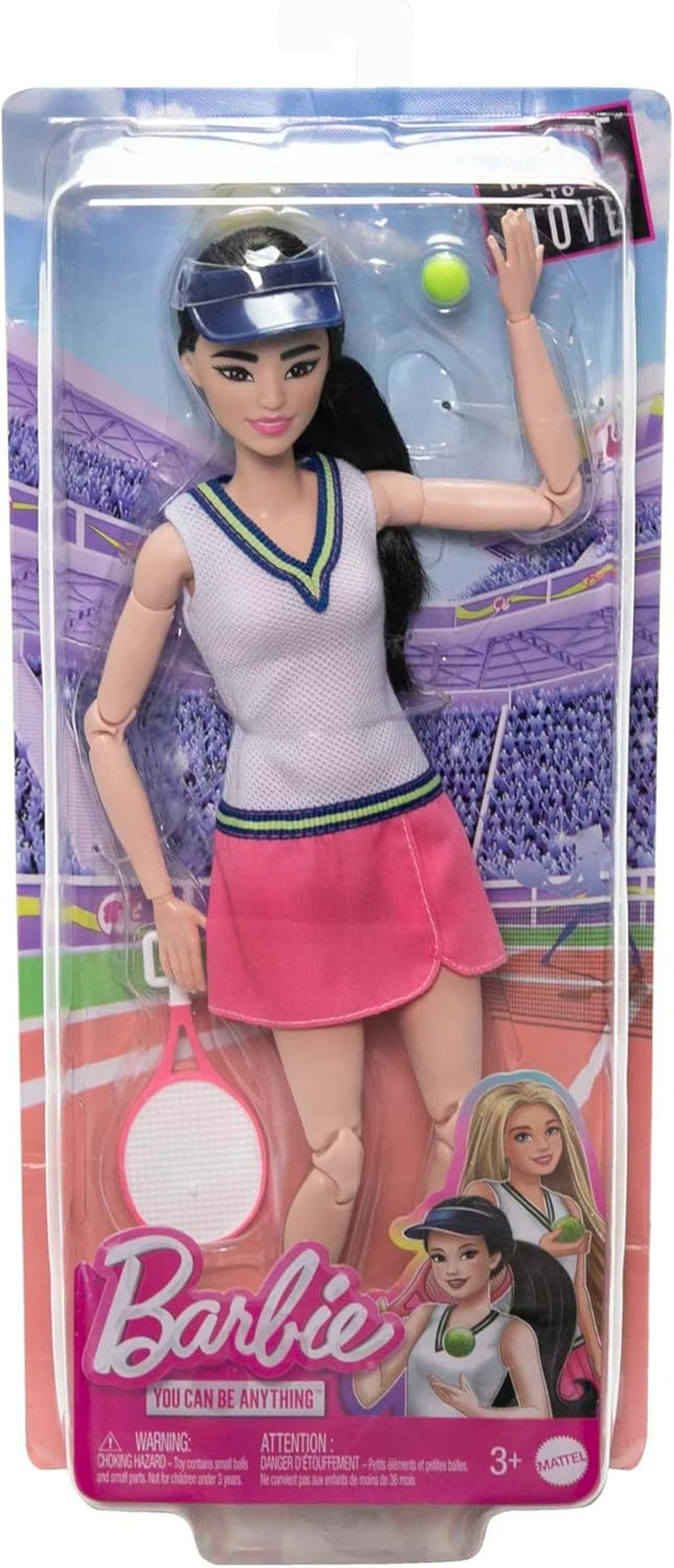 Păpușă Barbie Made to Move - Jucătoare de tenis cu rachetă și minge - Păpușă cu 22 de articulații pentru joacă realistă, fani ai tenisului și copii cu vârsta de 3 ani și peste, HKT73