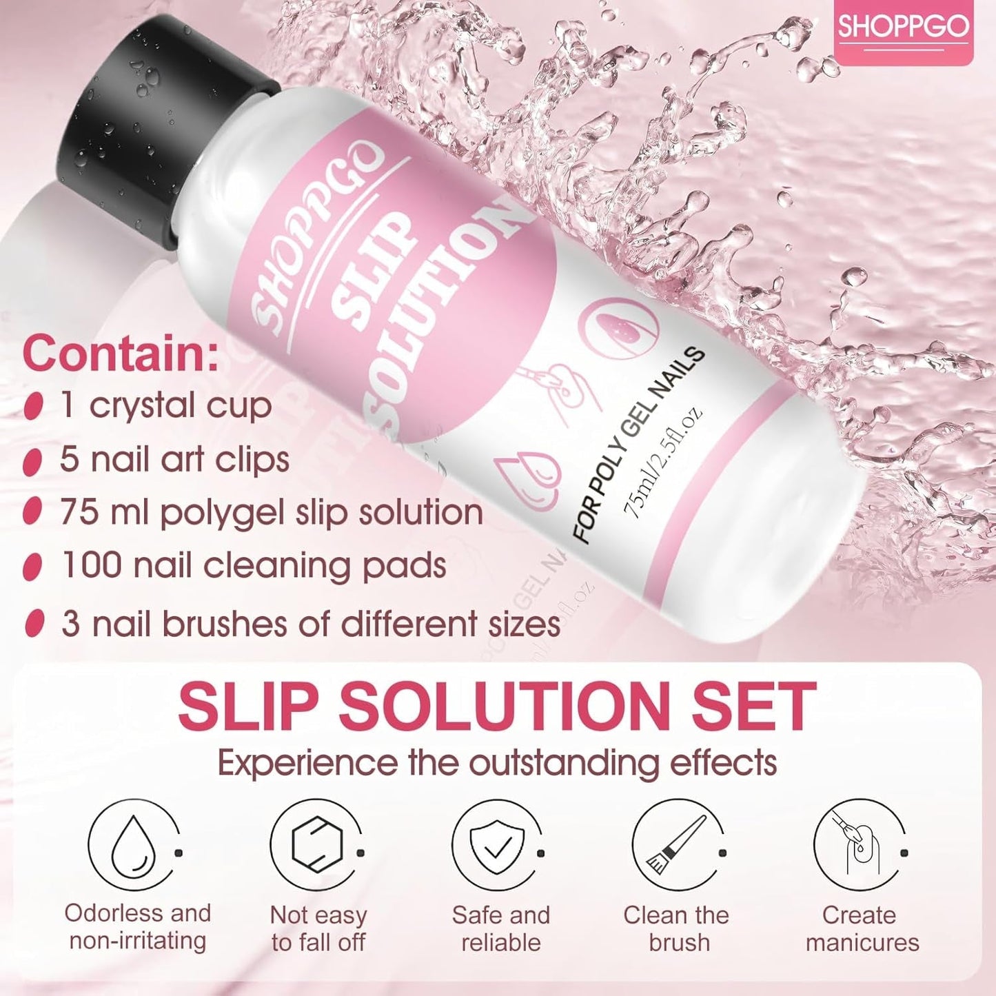 Soluție de îndreptare Polygel, Kit pentru unghii Polygel Slip Solution, Soluție de îndreptare 75 ml, Include 5 cleme pentru vârfuri de unghii, 3 perii de unghii, 1 cupă de cristal, 100 foi de curățare