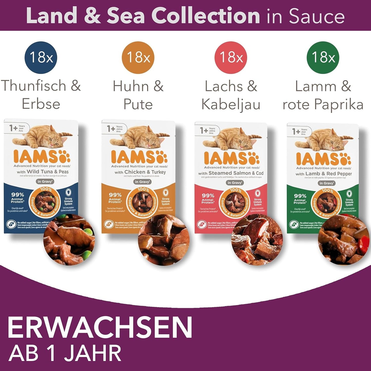 IAMS Delights Land & Sea Collection Hrană umedă pentru pisici - Pachet multiplu cu sortimente de carne și pește în sos, hrană umedă pentru pisici de la 1 an, 72 x 85 g