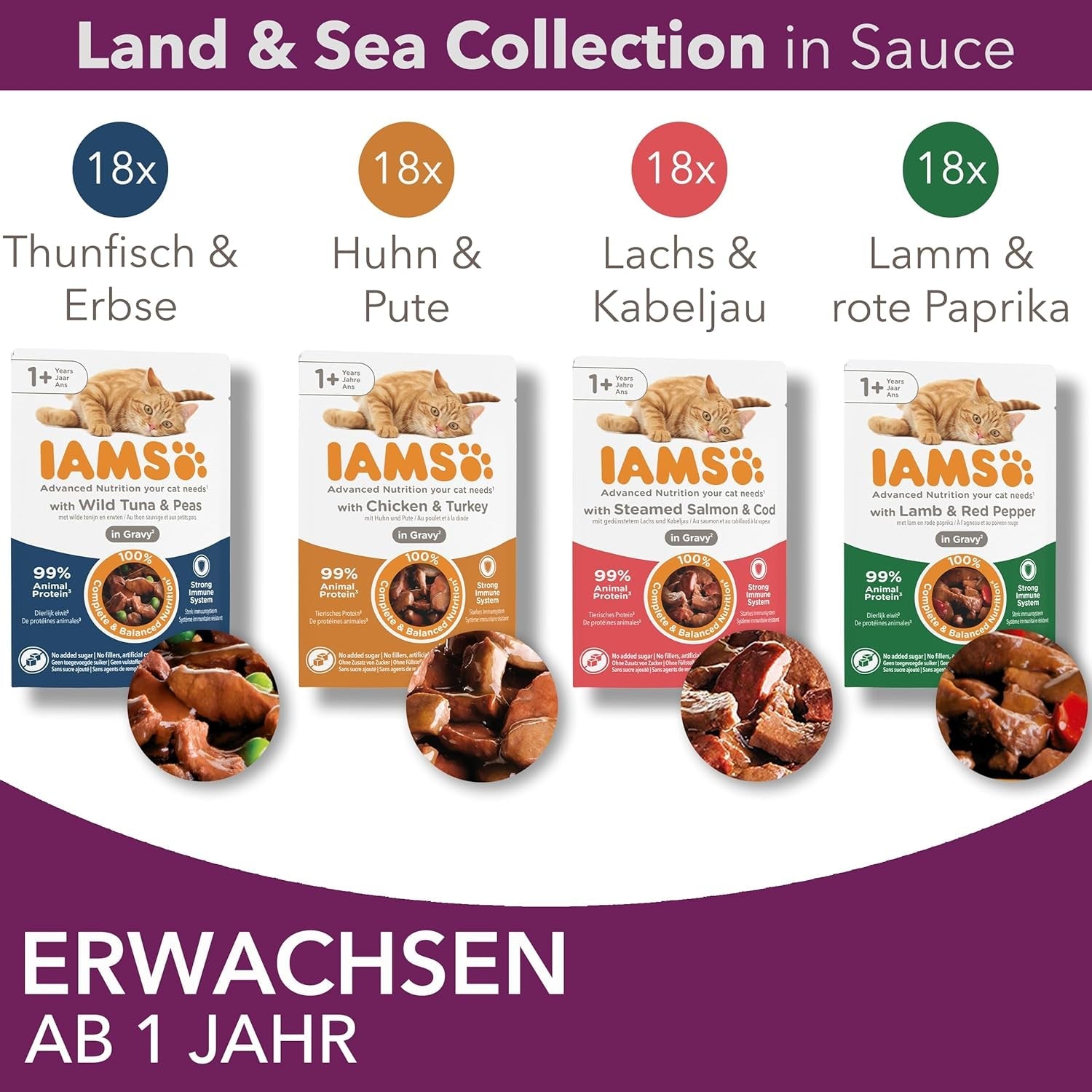 IAMS Delights Land & Sea Collection Hrană umedă pentru pisici - Pachet multiplu cu sortimente de carne și pește în sos, hrană umedă pentru pisici de la 1 an, 72 x 85 g