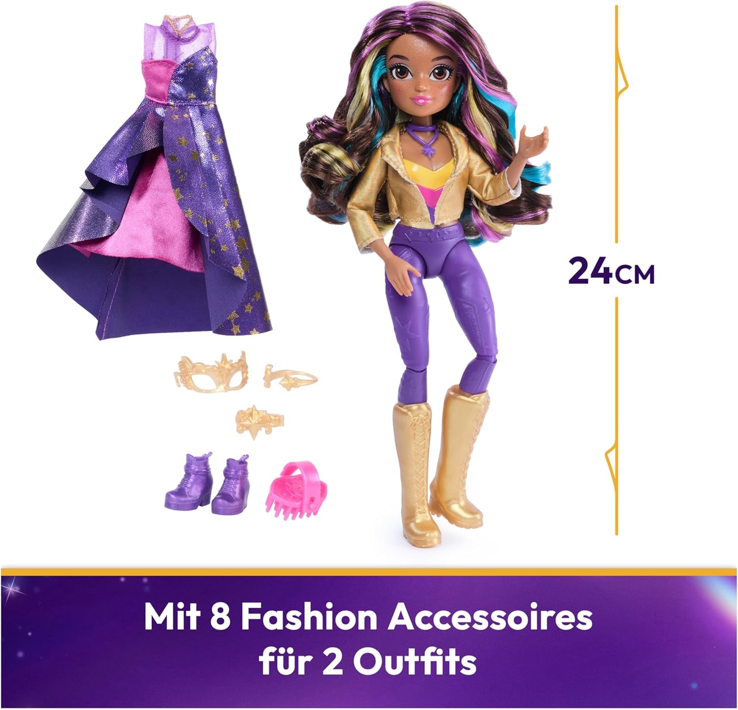 Păpușă Unicorn Academy Deluxe, Bal Mascat - Sophia, păpușă originală din popularul serial Netflix, 24 cm înălțime, cu 2 ținute și accesorii, pentru copii cu vârsta de 4 ani și peste