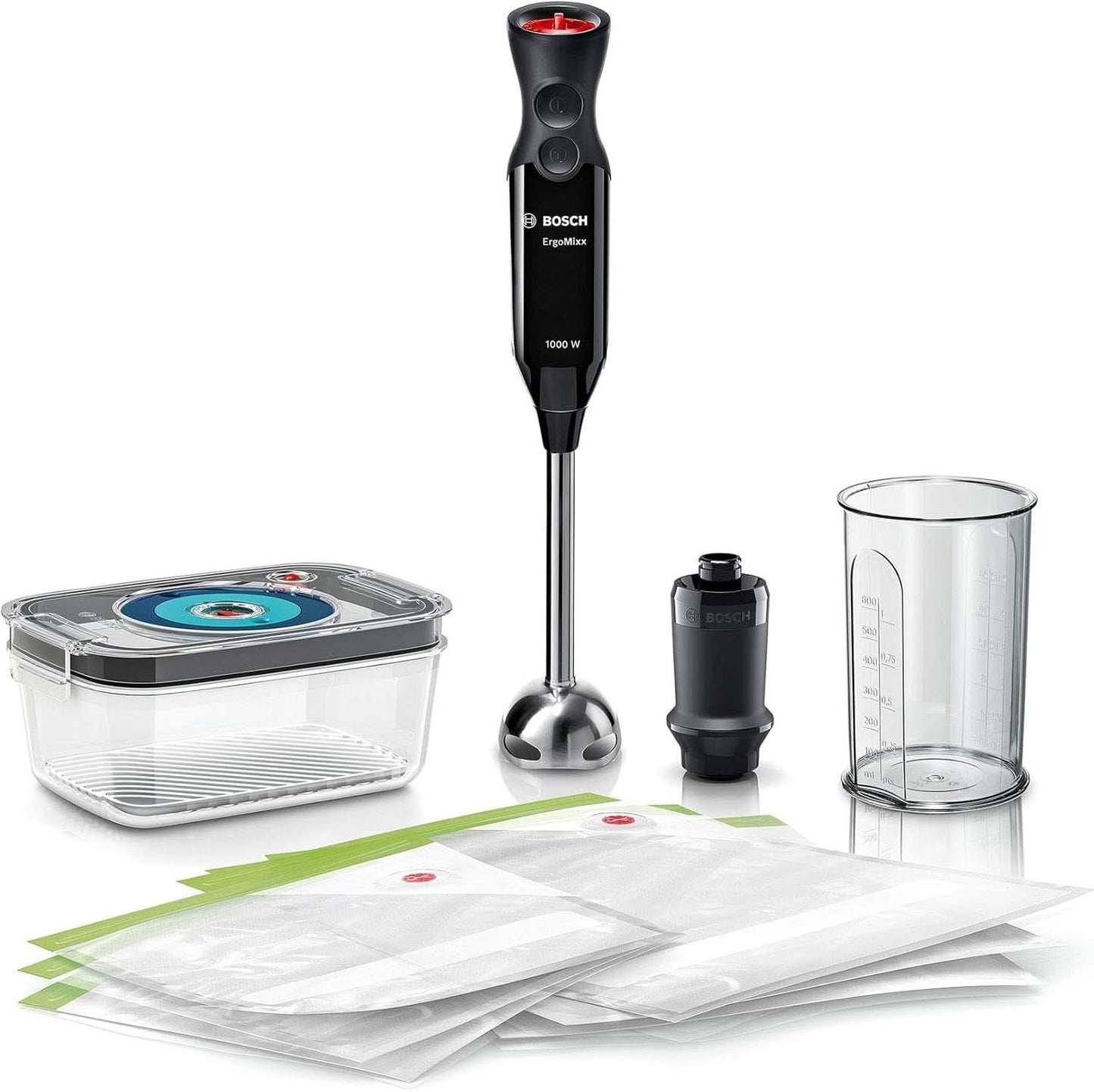 Bosch Stabmixer Ergomixx MS6CB61V1, Vakuum-Funktion, Edelstahl-Mixfuß, Mix- Und Messbecher, Vakuum-Pumpe, Vakuum-Beutel, Vakuum-Frischhaltedose, 12 Stufen plus Turbo, 1000 W, Schwarz/Anthrazit Bucatarie Naty Shop