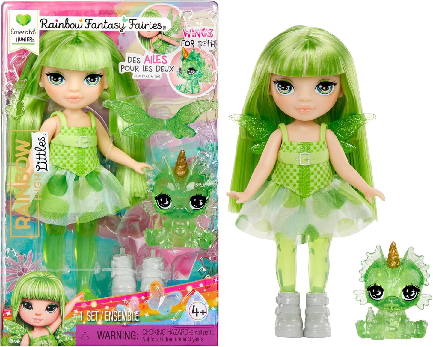 Rainbow High Littles Zâne Fantasy Curcubeu și Animal de Companie - Smarald, Verde - Păpușă mică, articulată, de 14 cm și Dragon Fantasy cu Aripi de Zână Interschimbabile, Cadou Dulce pentru Copii cu Vârsta de 4 Ani și Peste