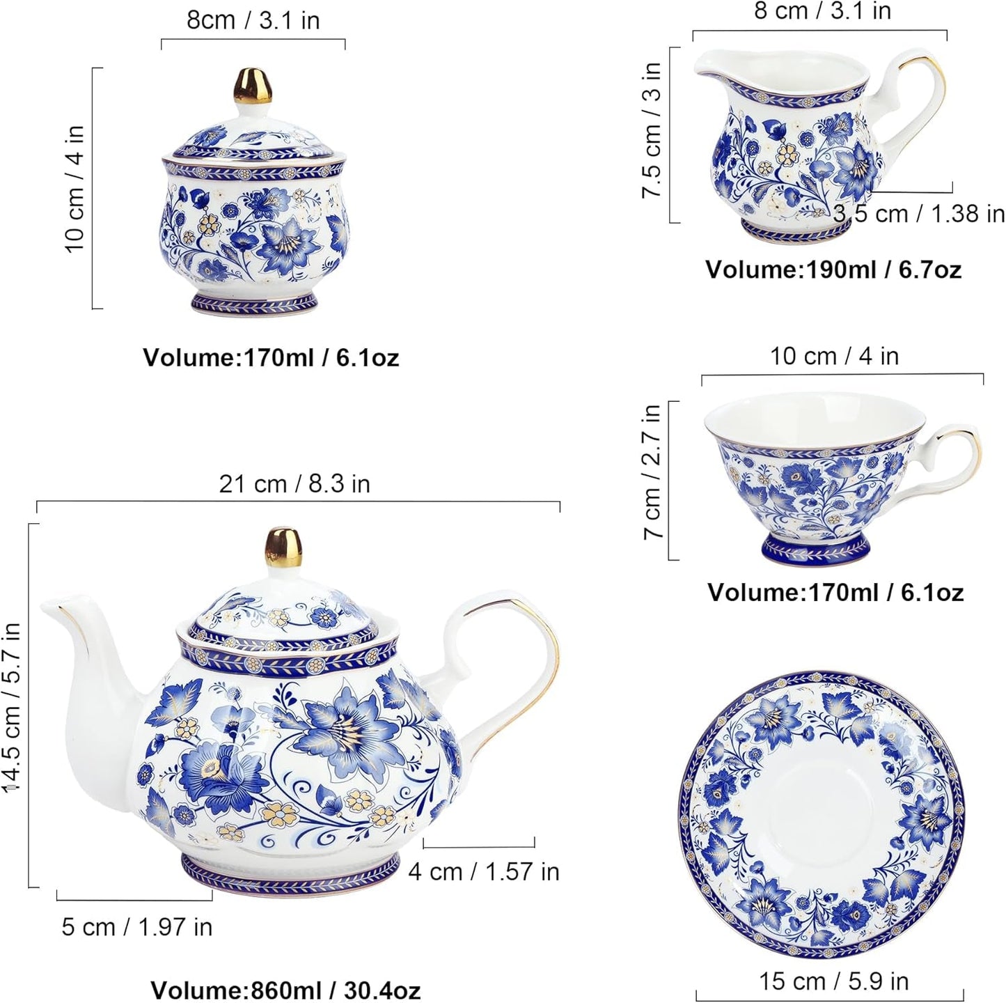Set de ceai din porțelan cu flori albastre fanquare și suport metalic, ceașcă de cafea și farfurie vintage din porțelan, set de cafea englezesc pentru adulți