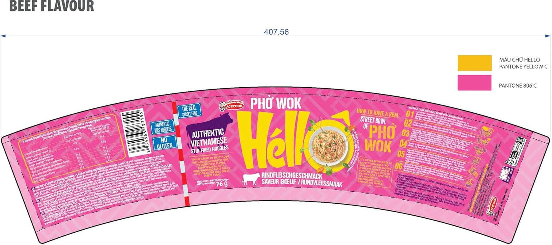 Tăiței instant de orez HELLO PHO WOK, carne de vită - 1 x 76 g