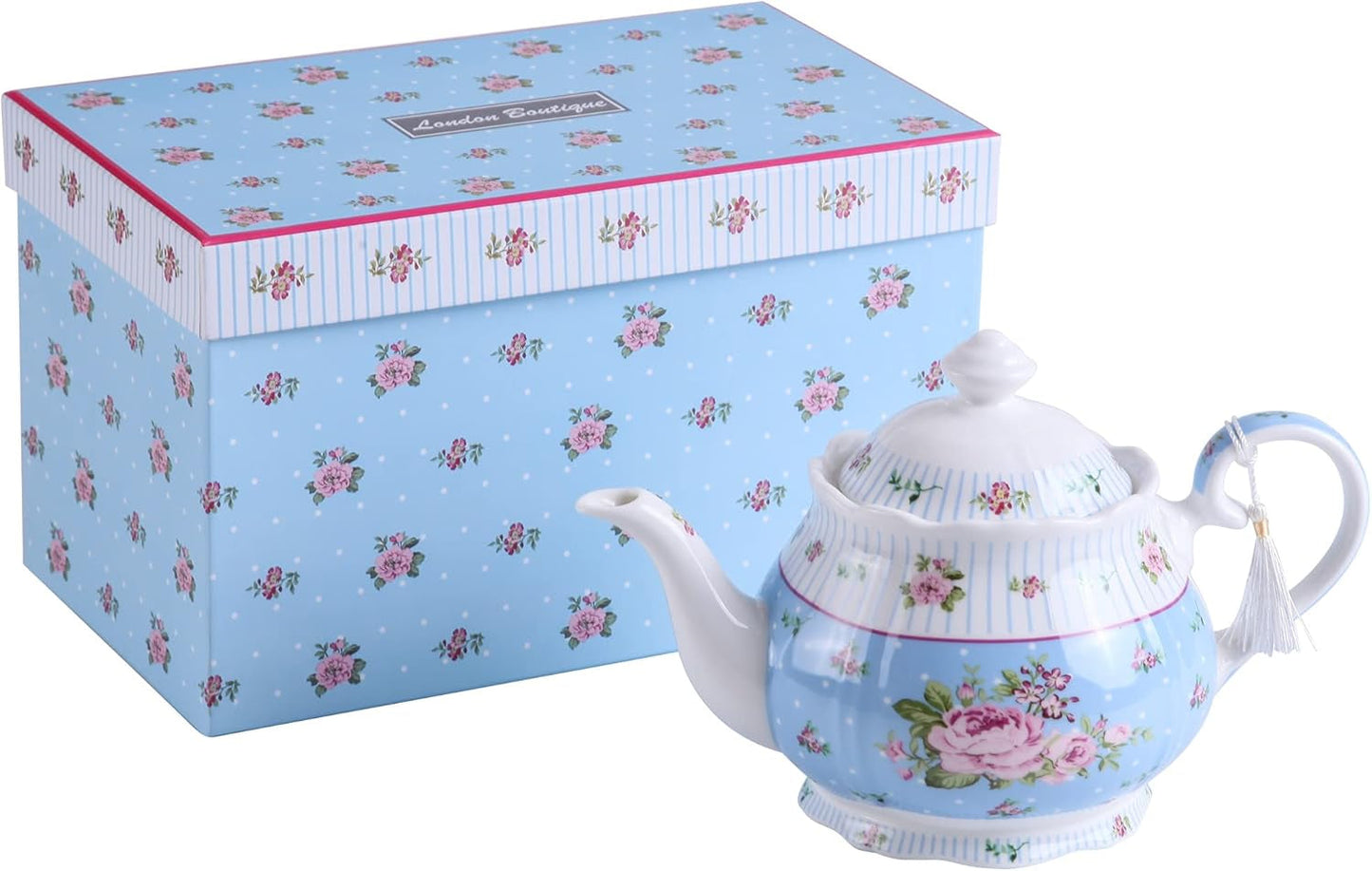 Ceainic din porțelan London Boutique, stil shabby chic, model floral vintage, în cutie cadou (ceainic Rose Blue)