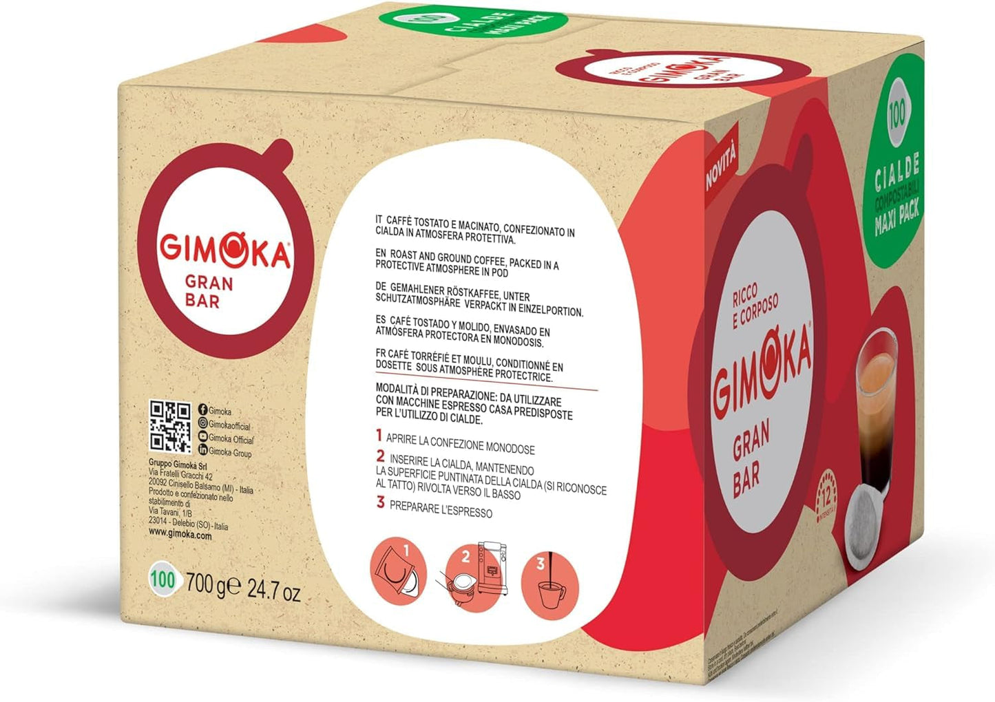 Gimoka Kompostierbare Kaffeepads, Gran Bar Intenso Kaffeemischung, Intensität 12-100 Pads - Kompatibel mit ESE System Papier Pads 44 mm