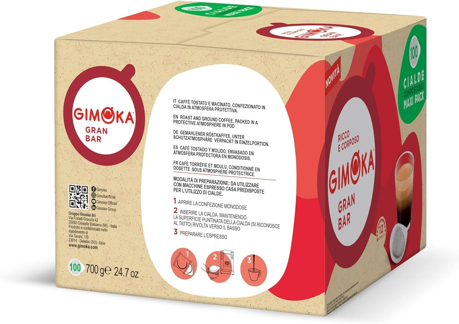 Gimoka Kompostierbare Kaffeepads, Gran Bar Intenso Kaffeemischung, Intensität 12-100 Pads - Kompatibel mit ESE System Papier Pads 44 mm