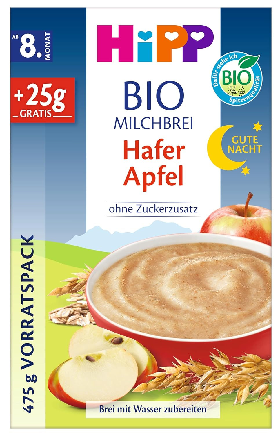 Terci de ovăz cu mere și lapte de ovăz organic HiPP Good Night (4 x 475g), de la 8 luni, fără zahăr adăugat, cu cereale integrale organice și fructe organice, de cea mai bună calitate organică