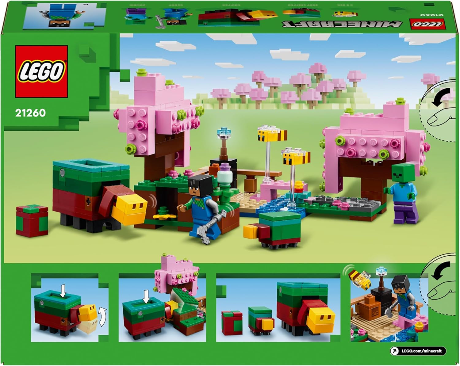 LEGO Minecraft Livada de cireși în floare, grădină de jucărie de explorat cu Sunny, Sniffer, Zombie și albine, cadou pentru gameri, pentru băieți și fete de la 8 ani 21260 Seturi de constructie Besuche den LEGO-Store