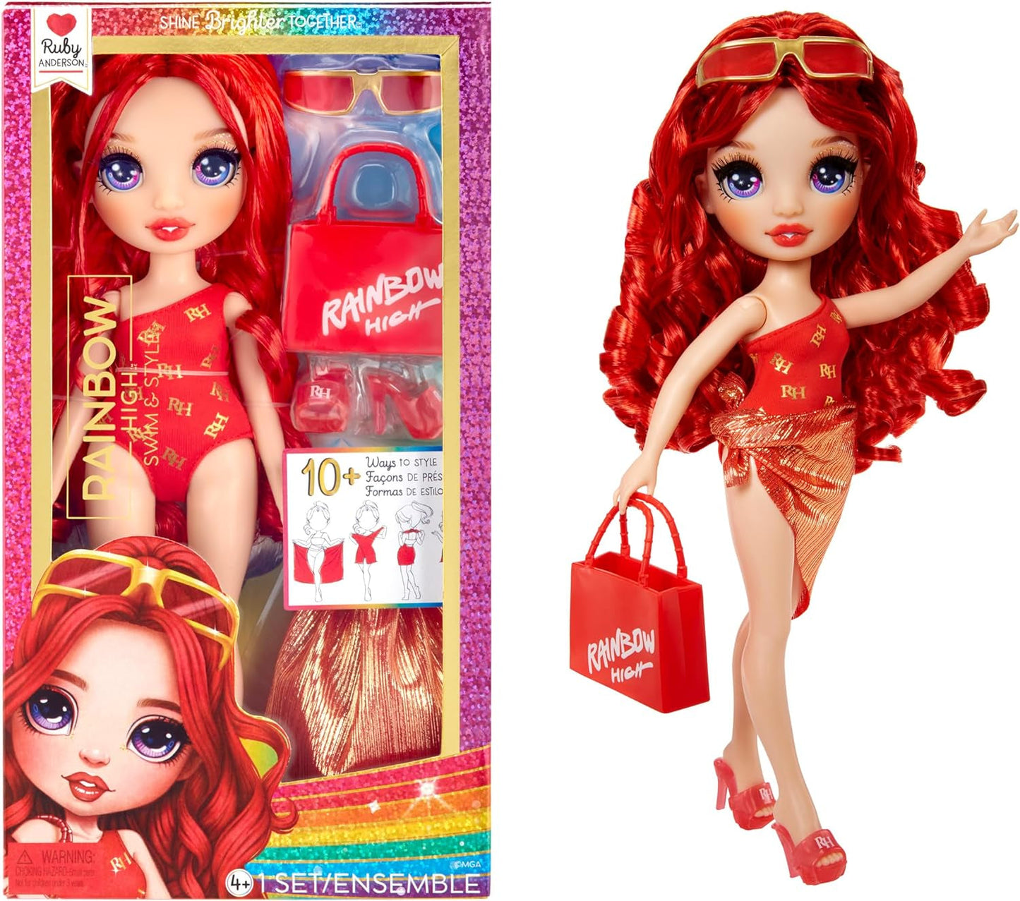 Rainbow High Swim & Style - Ruby (roșu) - păpușă înaltă de 28 cm cu pareo strălucitor, poate fi purtată în 10+ moduri - costum de baie extensibil, sandale, accesorii de joacă - jucărie - ideală pentru 4 până la 12 ani Papusi Naty Shop Rubin