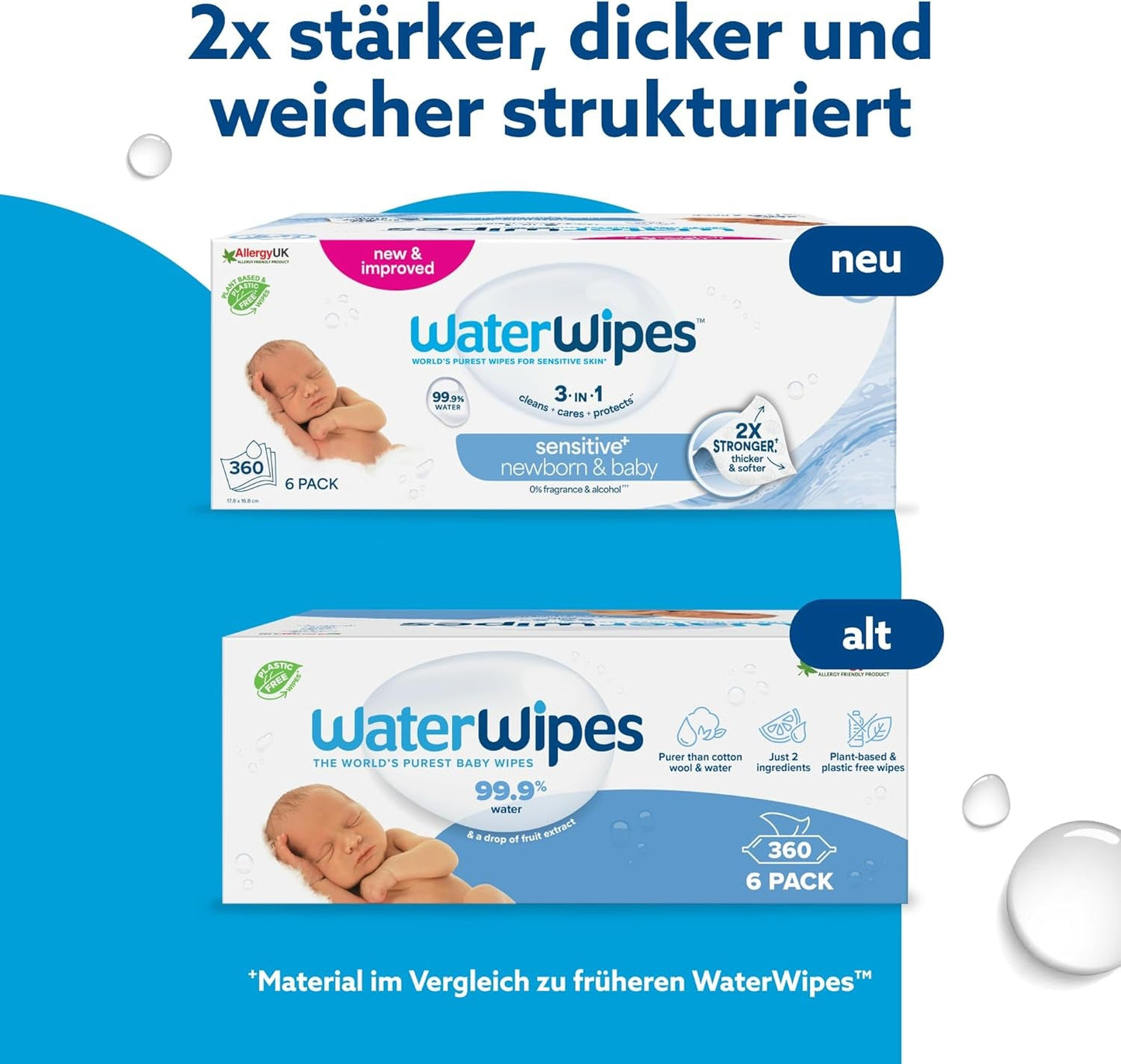 Șervețele umede WaterWipes Sensitive+ pentru nou-născuți și bebeluși, 360 bucăți (6 pachete), curățare, îngrijire, protecție 3 în 1, 99,9% apă, fără parfum