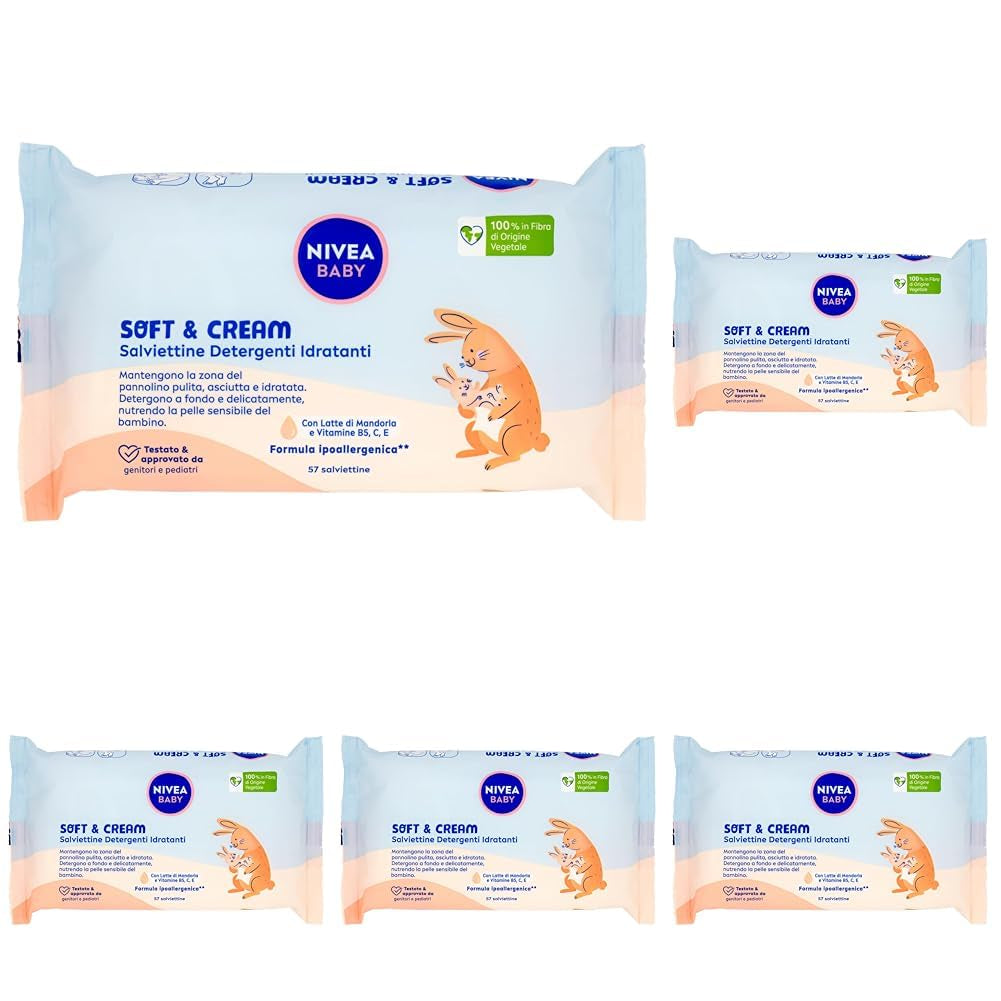 Șervețele umede demachiante NIVEA Baby Moisturizing Cleansing Wipes Soft & Cream, 57 bucăți, pentru o piele curată, uscată și hidratată, șervețele umede pentru bebeluși cu lapte de migdale și vitaminele B5, C și E