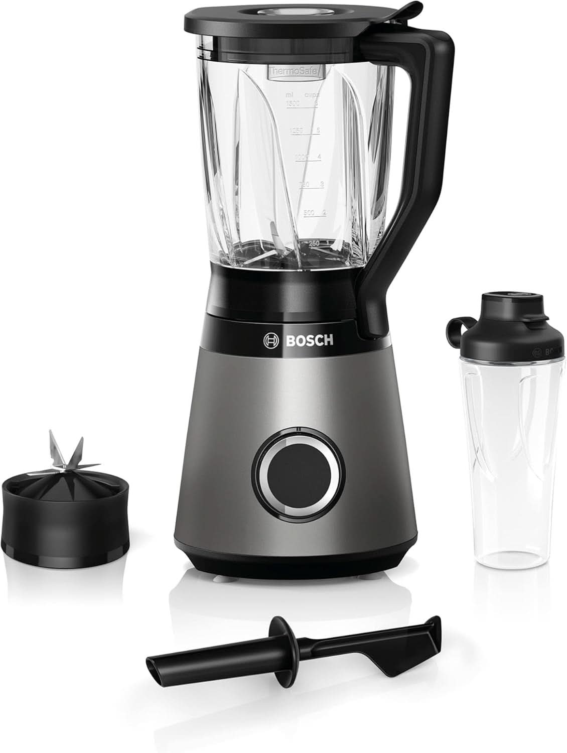 Bosch Standmixer Vitapower Serie 4 MMB6174SN, Verbesserte Version, Hochwertige Edelstahl-Klingen, 1,5L Glasbehälter, 0,6L To-Go-Flasche, Spülmaschinenfeste Teile, 30.000 U/Min, 1200 W, Silber Bucatarie Naty Shop Single 2-In-1 Standmixer