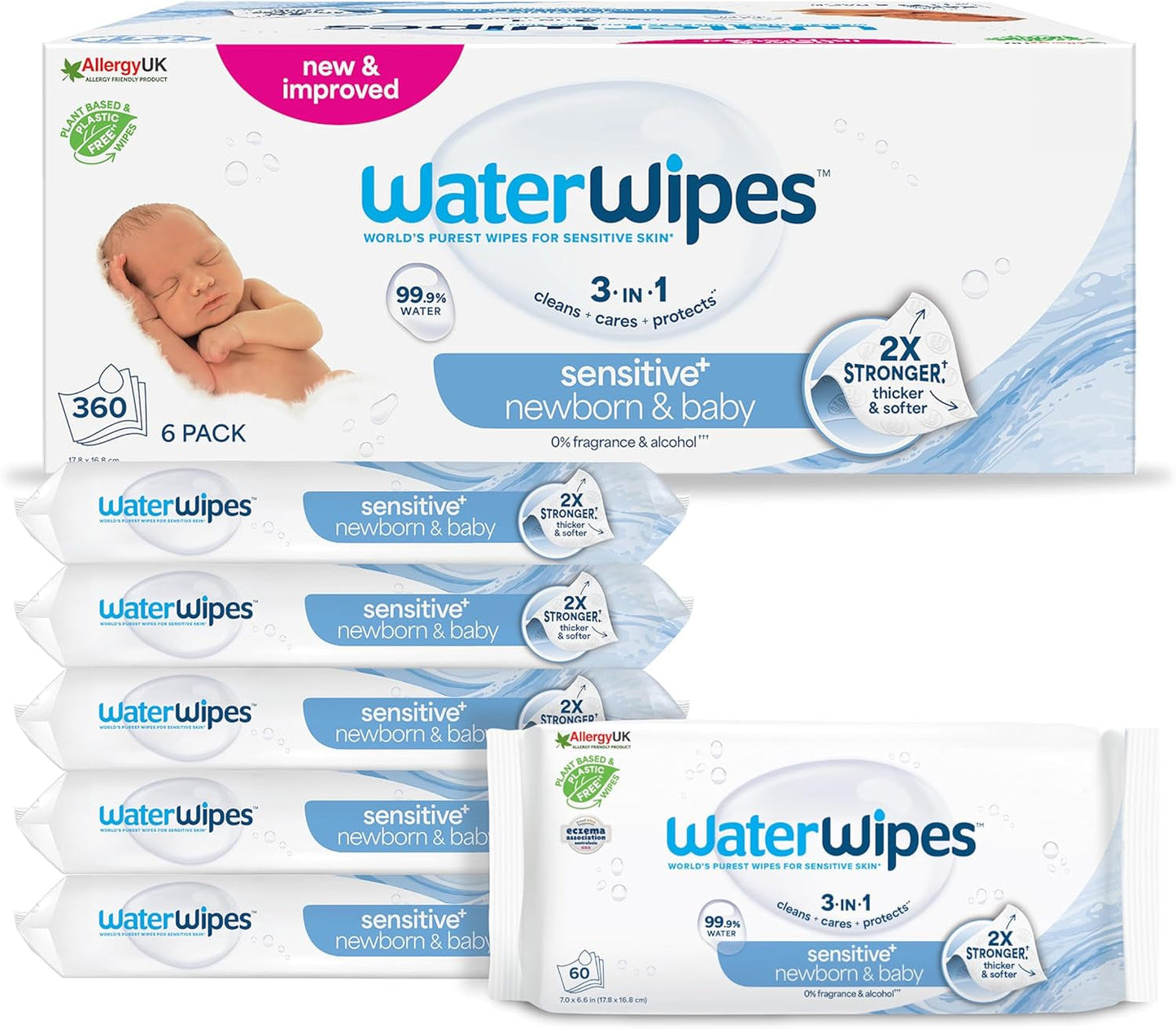 Șervețele umede WaterWipes Sensitive+ pentru nou-născuți și bebeluși, 240 bucăți (4 pachete), curățare, îngrijire, protecție 3 în 1, 99,9% apă, fără parfum