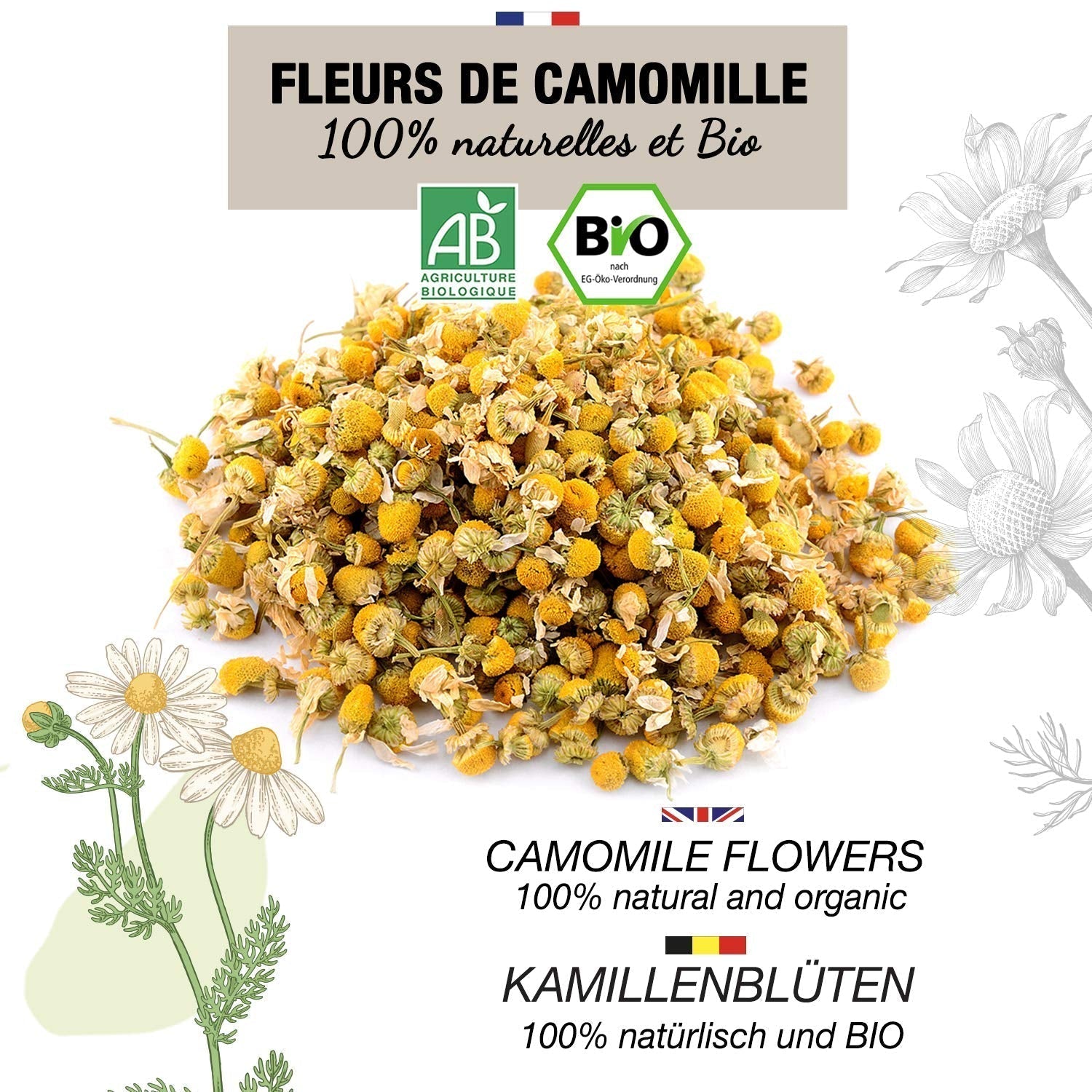 ORIGEENS Ceai organic din flori de mușețel din Europa, 100 g | Frunze de ceai vrac, ceai organic pentru somn și digestie | Mușețel german | Certificat și ambalat în Germania