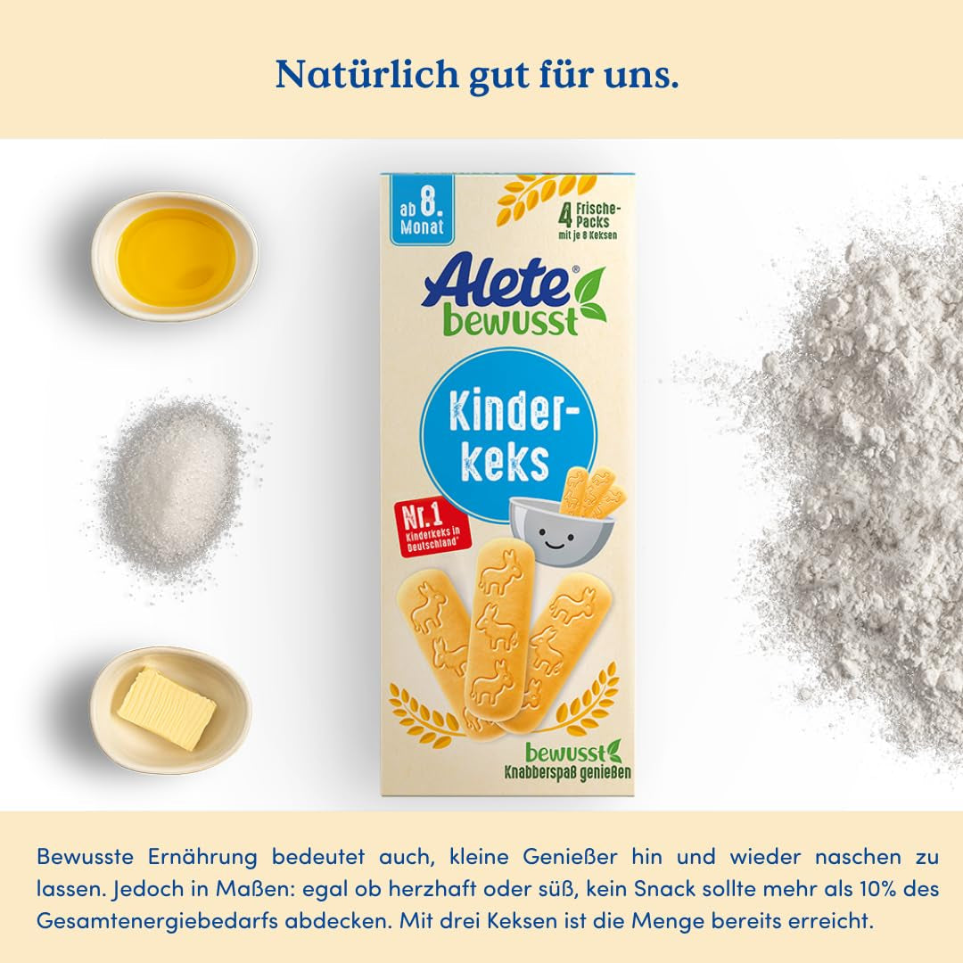 Biscuiți Alete Conscious pentru copii, de la 8 luni, biscuiți cu unt din grâu pentru copii, biscuiți ambalați convenabil ca o gustare mică, perfecți pentru drum și între ore, 1 x 180 g
