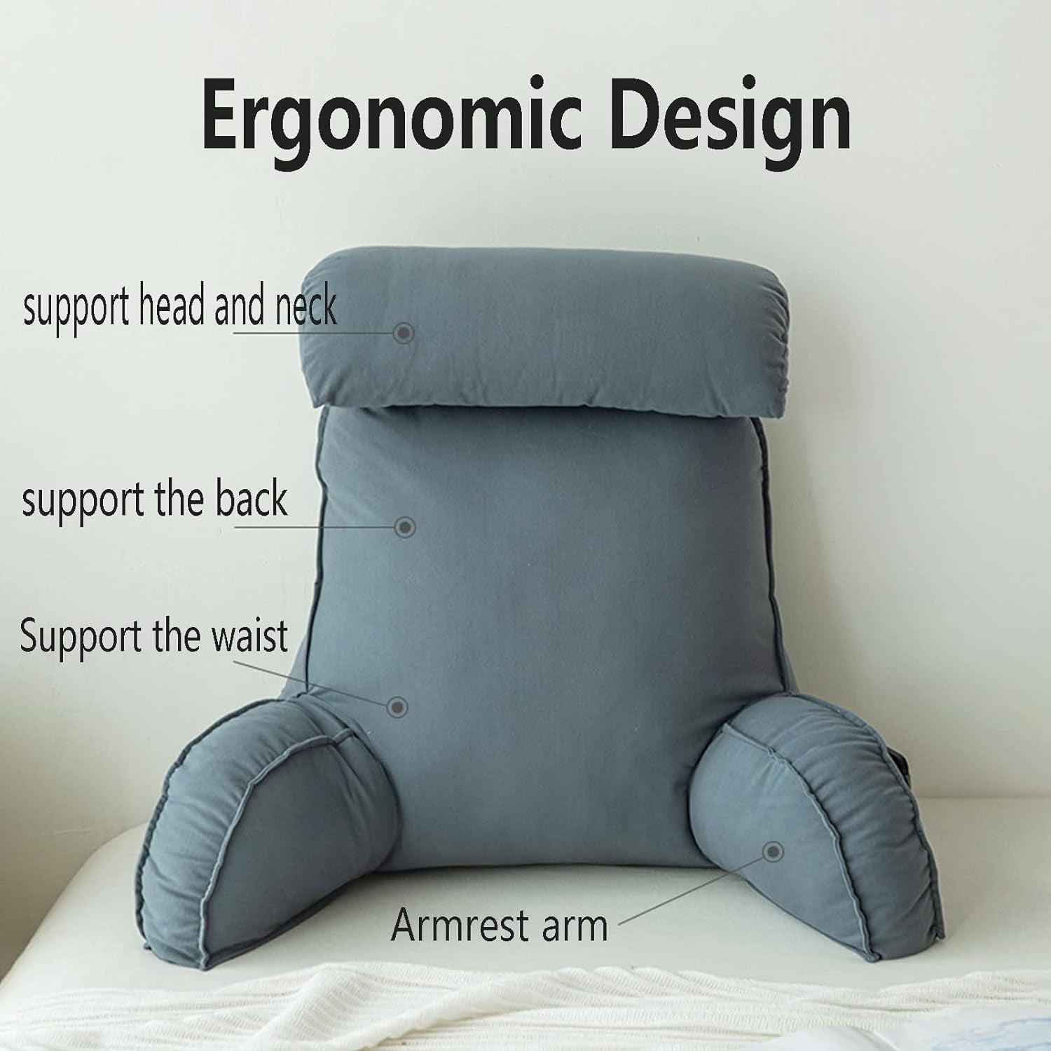 Pernă de citit cu cotiere, pernă de spate pentru canapea, pernă de cărți pentru pat, cu rolă detașabilă pentru gât, pernă de susținere a scaunului pentru relaxare, joacă, citit, vizionat la televizor