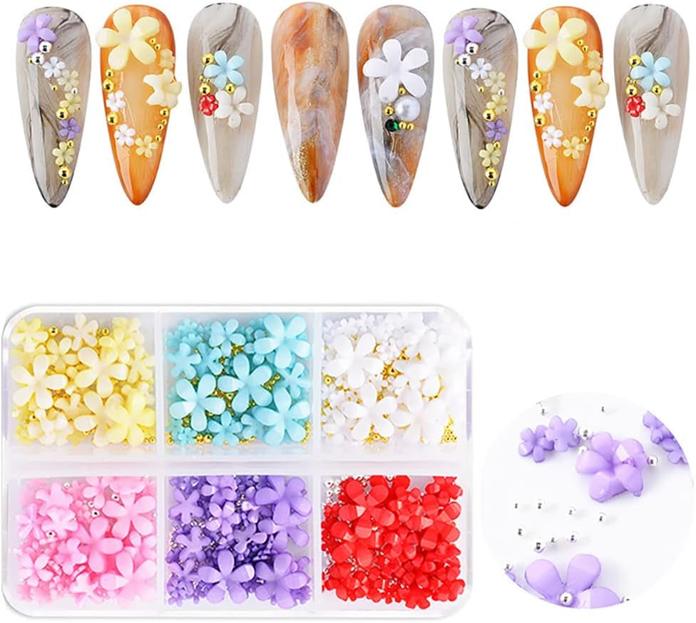 Unghii cu flori 3D, 6 grile, farmece pentru unghii cu flori, strasuri acrilice pentru unghii, accesorii pentru unghii, decorațiuni DIY pentru unghii de primăvară