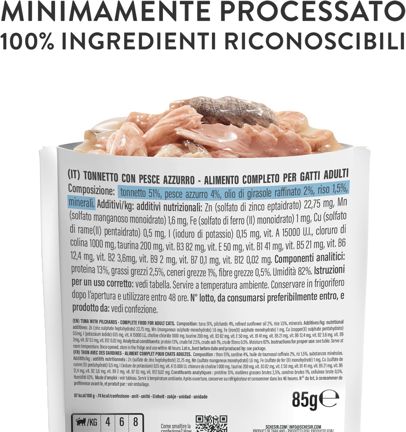 , Thunfisch mit blauem Fisch in Gelee, komplettes Nassfutter für Katzen, im Beutel, mit zusätzlichen Vitaminen, 100% natürlich, 6 x 85 g