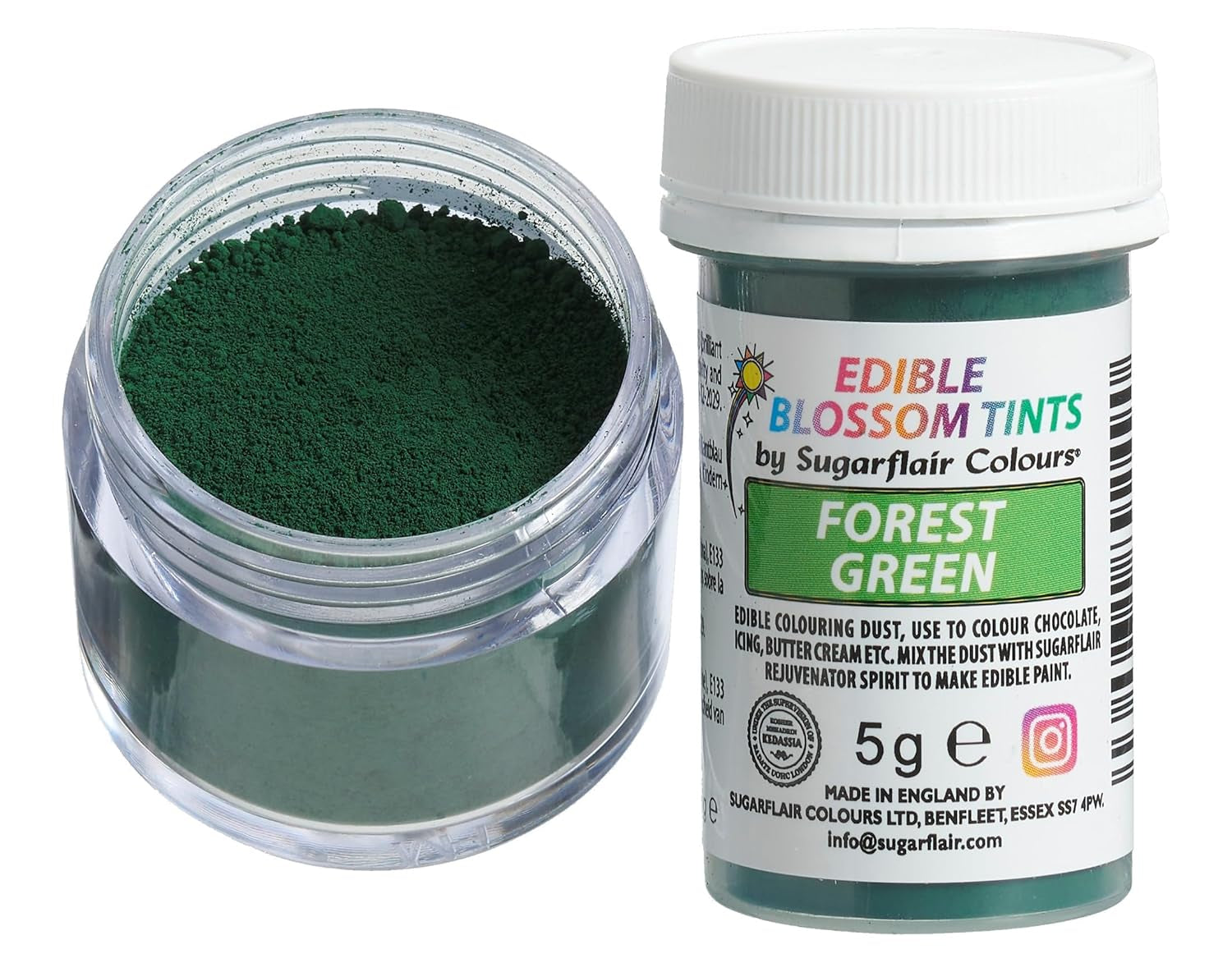 Pudră de colorant alimentar Sugarflair Blossom Tint Dust Verde Pădure - Pudră de colorant alimentar pentru decoruri de tort, pastă de zahăr, fondant, glazură, ciocolată, cremă de unt, macarons și multe altele - 5G