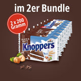 Alb-Negru – 2 x 200 g (2 x 8 bucăți) – Felii de napolitană umplute cu napolitane cu cacao neagră, bucăți de aluat neagră, lapte și cremă de nuga