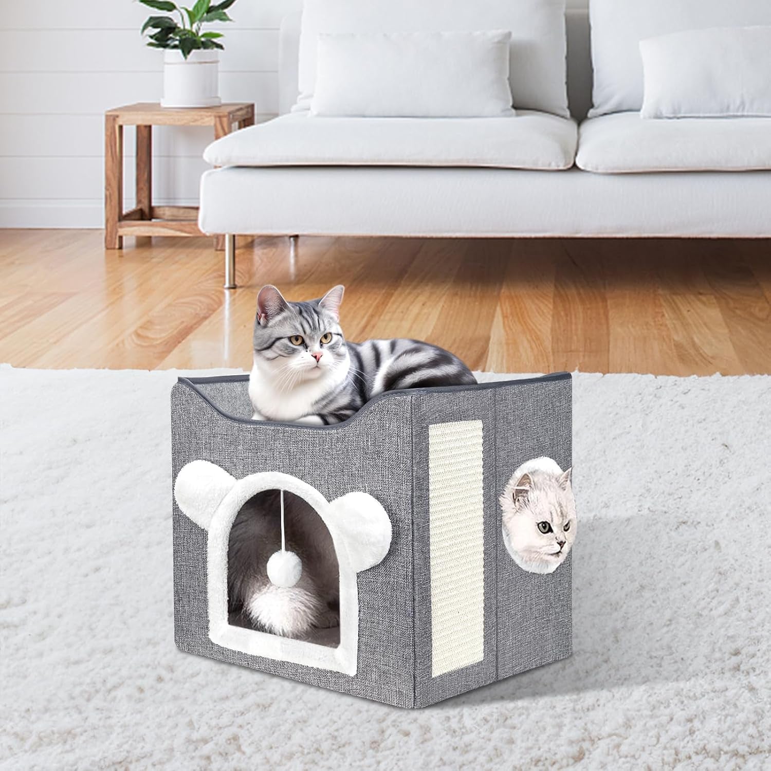 Katzenbetten für Indoor Katzen, Faltbares Katzenhaus, Katzenhöhle 2 Schicht Würfel Großer Raum Katzenbett mit Kratzbrett und Spielball, 15.8 x 15.8 x 15inches