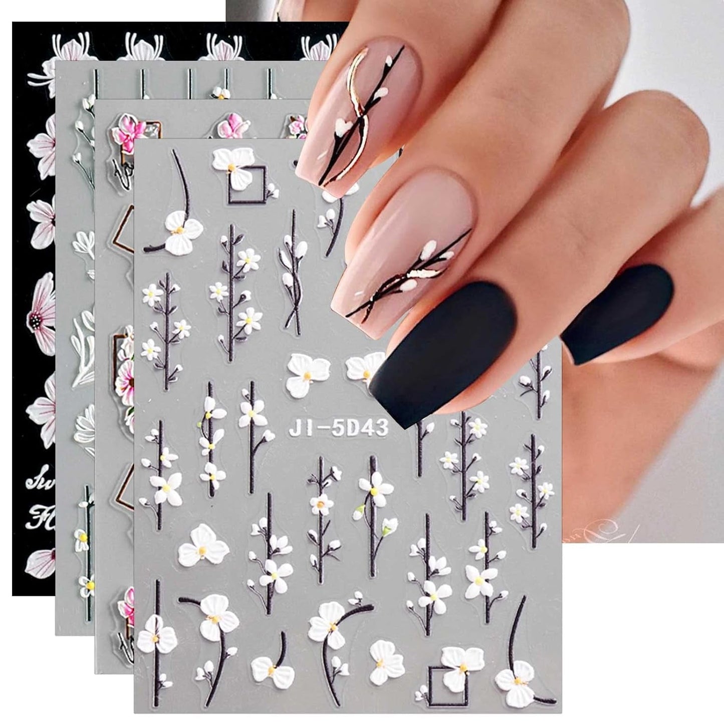 JMEOWIO 3D Nagelsticker Frühling Blume Nail Art Sticker Selbstklebend Nagelaufkleber 5D Stereoskopisch Buntes Sommer Blumen Dekoration Nageldesign Zubehör 4 Blatt
