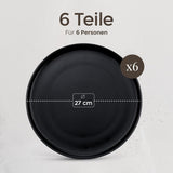Set de farfurii din gresie pentru 6 persoane - set de 6 piese negru mat, farfurii mari, potrivite pentru cuptorul cu microunde, design elegant - Colecția Twinzee Ebony