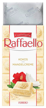 Baton de ciocolată Ferrero Raffaello – Cadou de Ziua Îndrăgostiților pentru el și ea – Ciocolată albă cu cremă de cocos și migdale – 1 baton de ciocolată x 90g