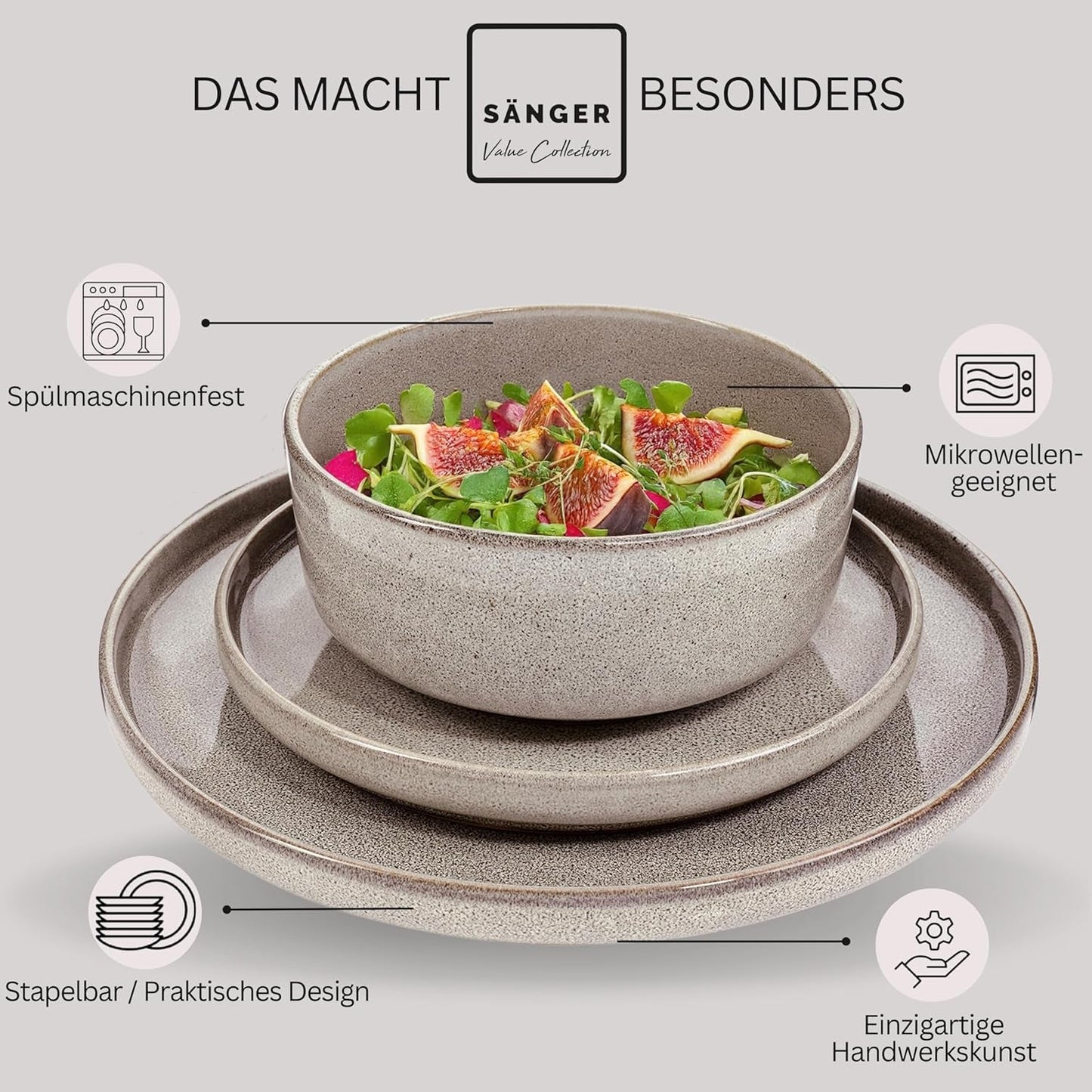 SÄNGER Cairo Clay | Set de veselă 24 piese, set de veselă din gresie pentru 6 persoane, 6 farfurii, 6 farfurii de desert, 6 boluri pentru paste, 6 boluri pentru servire, set de veselă gri | COLECȚIA VALUE