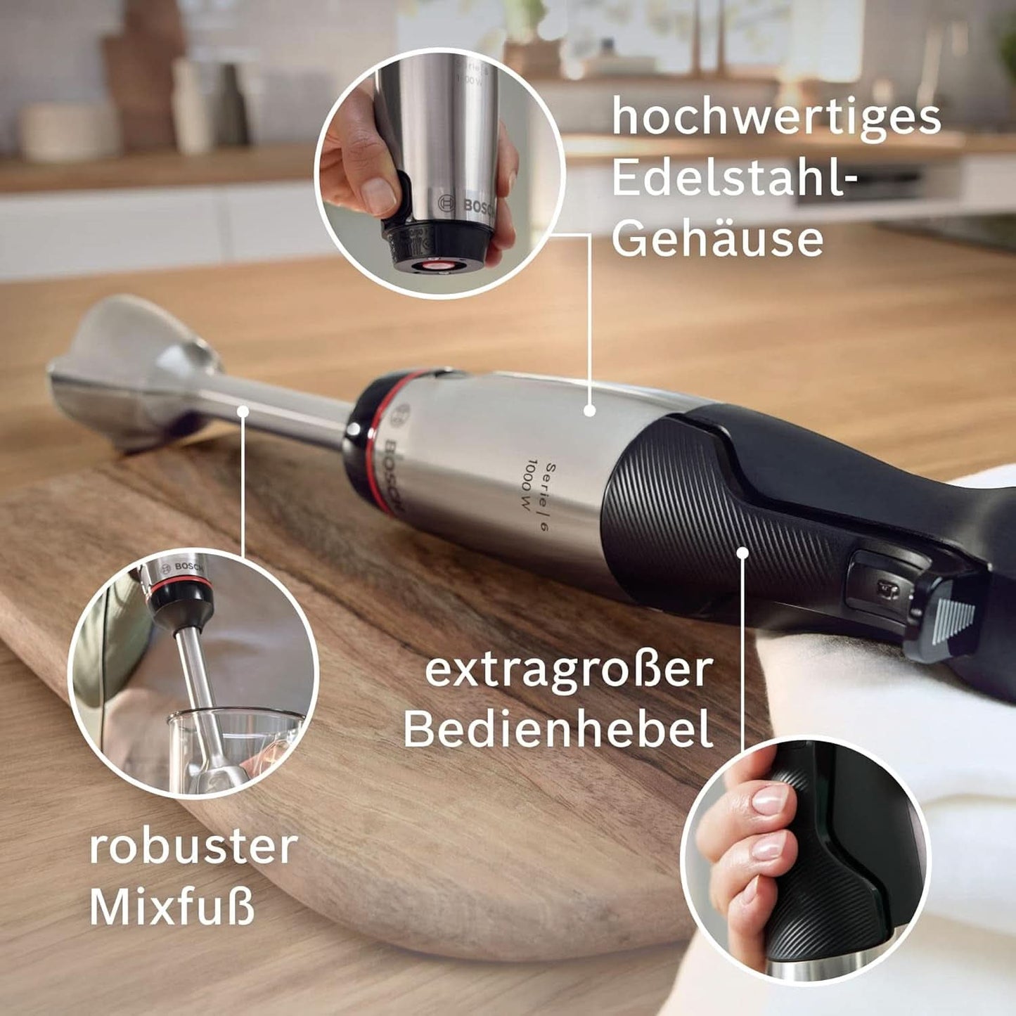 Bosch Stabmixer Ergomaster Serie 6 MSM6M673, 10 Jahre Motorgarantie, Edelstahl-Klingen, Verschleißfreie Keramik-Kupplung, Luftkühlung, Zerkleinerer, Kartoffelstampfer, Schneebesen, 1000 W Bucatarie Naty Shop