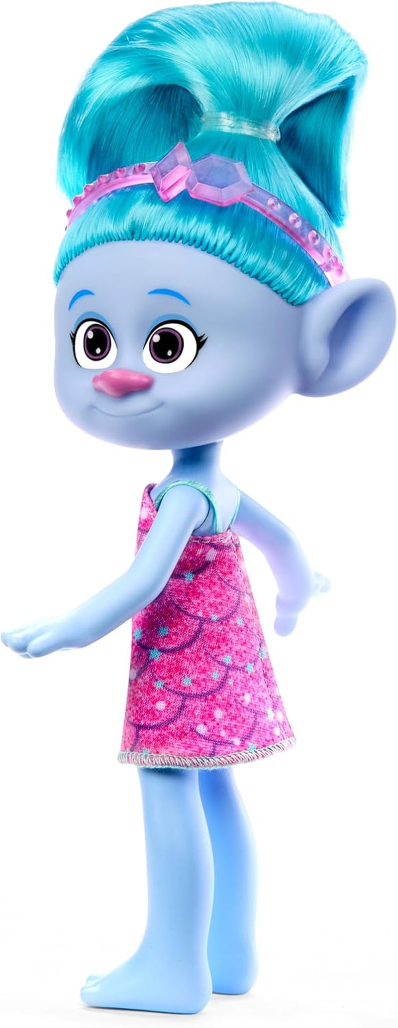 Păpușă Mattel DREAMWORKS TROLLS United We Stand – Surprize Păroase Chenille cu păr albastru strălucitor, bentiță mov, pentru copii cu vârsta de 3 ani și peste, HNF15
