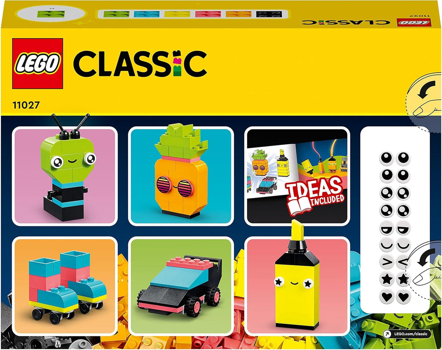 LEGO 11027 Classic Neon Creative Building Set, Brick Box Set, Jucărie de construcție cu modele: mașină, ananas, extraterestru, patine cu rotile, figuri și multe altele, pentru copii de la 5 ani în sus Seturi de constructie Besuche den LEGO-Store