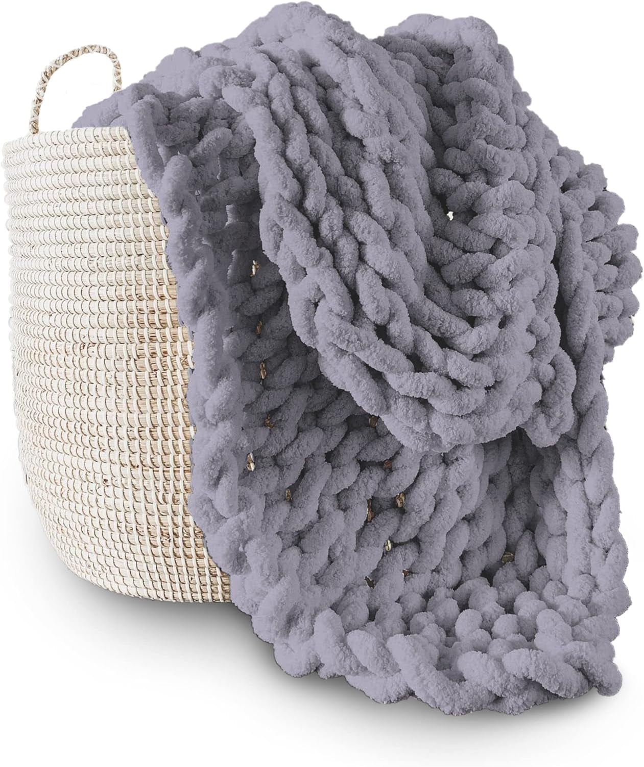 Chunky pătură tricotate, arunca, 100% mână tricotate cu jumbo chenille fire (127 X 152.4 Cm, gri liliac) Paturi si Cuverturi Adyrescia Gri 50 "X60"