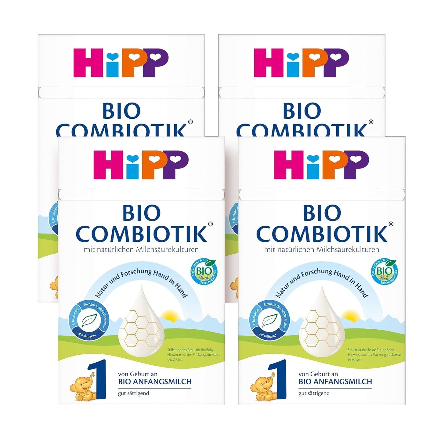 HiPP 1 Organic Combiotik (4 x 600g), formulă de lapte praf pentru sugari de la naștere, cu culturi naturale de acid lactic și amidon organic ușor de tratat, de cea mai bună calitate organică