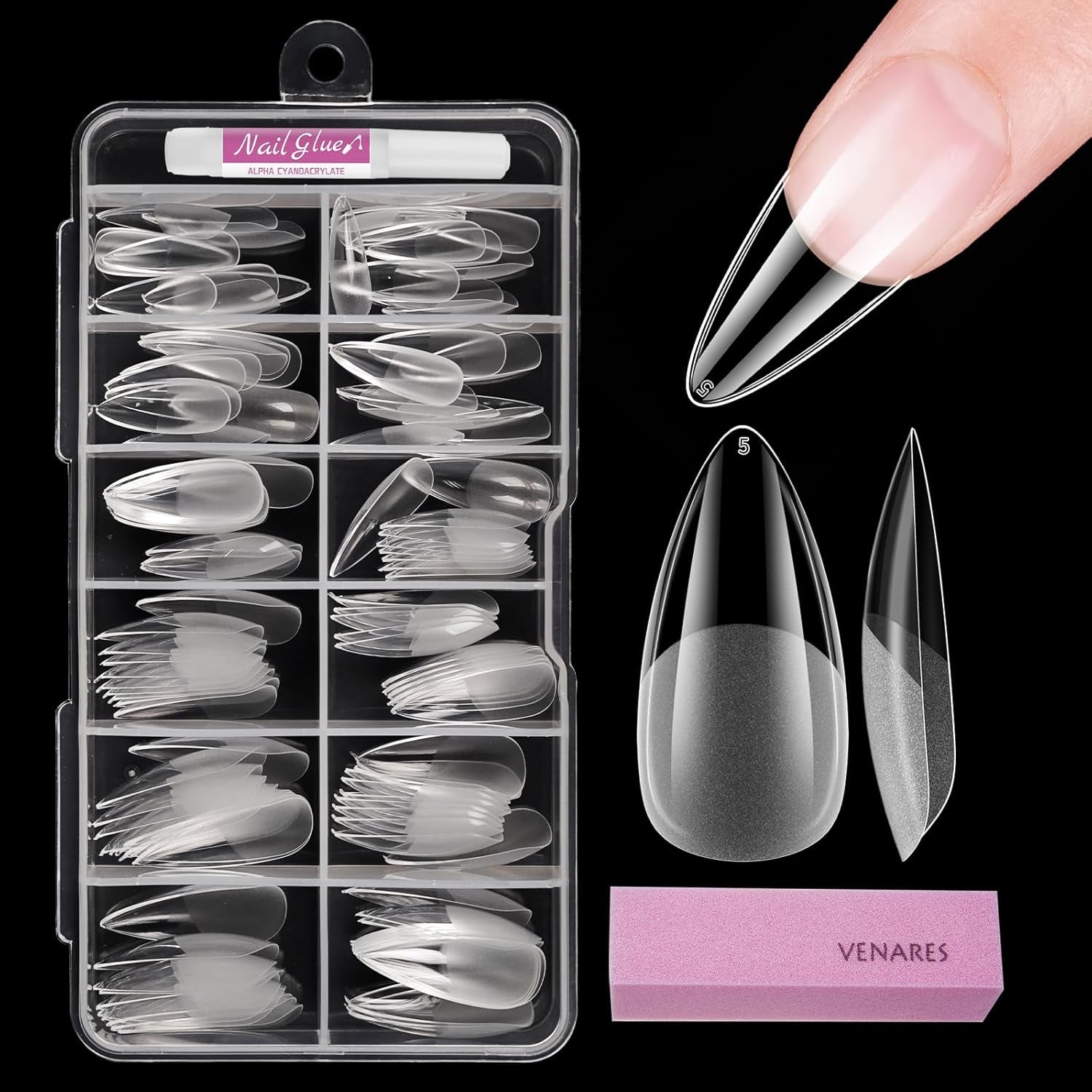 Tipuri de unghii pentru unghii cu gel, set 120 bucăți unghii artificiale scurte, culoare migdale, 11 dimensiuni unghii cu gel, tipuri de unghii cu lipici, bloc de buffer pentru unghii