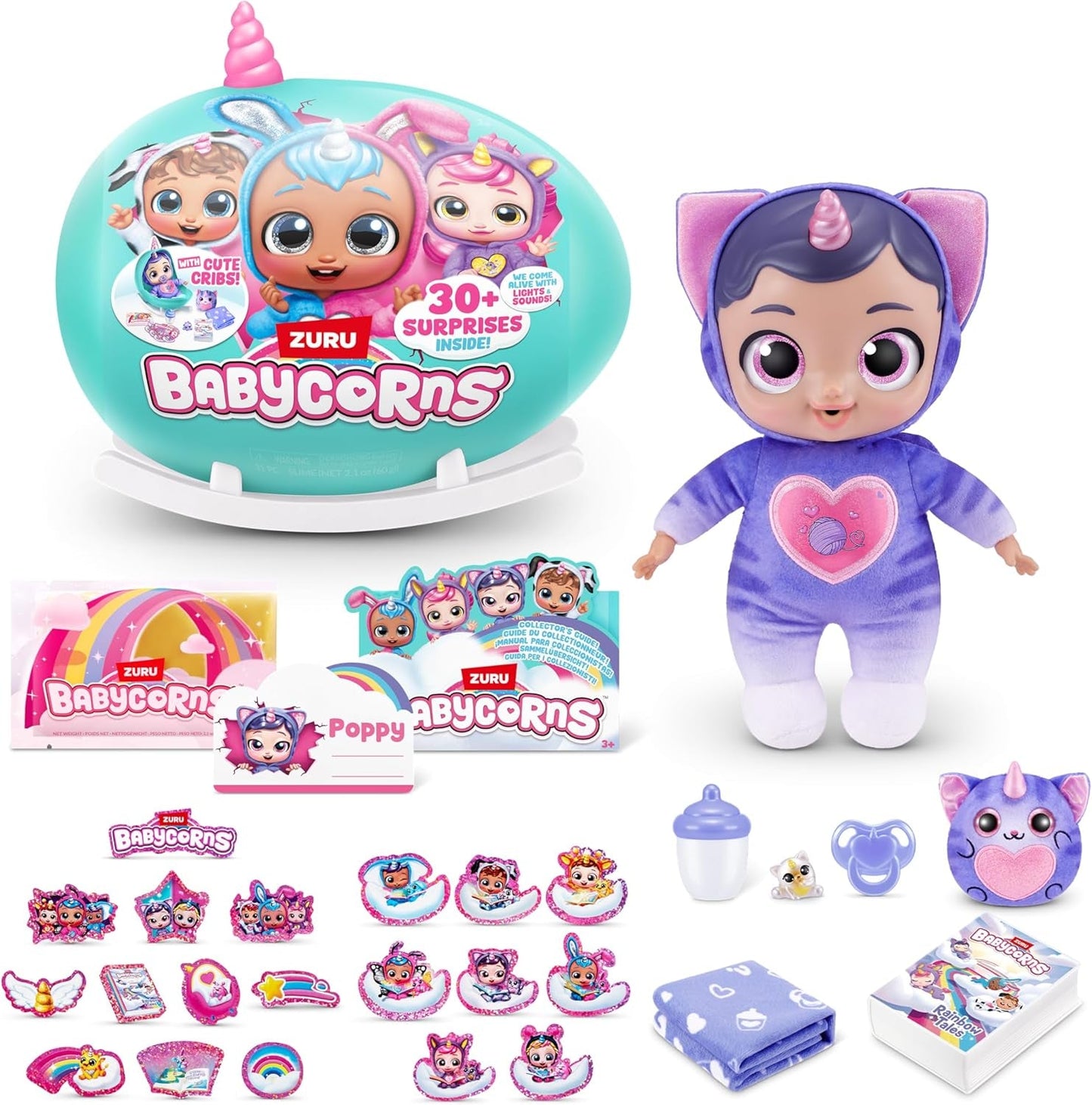 Babycorns Seria 1 de ZURU Păpușă Magică Pisică (Mac) cu Accesorii, Jucărie Surpriză Despachetare pentru Copii, Fete