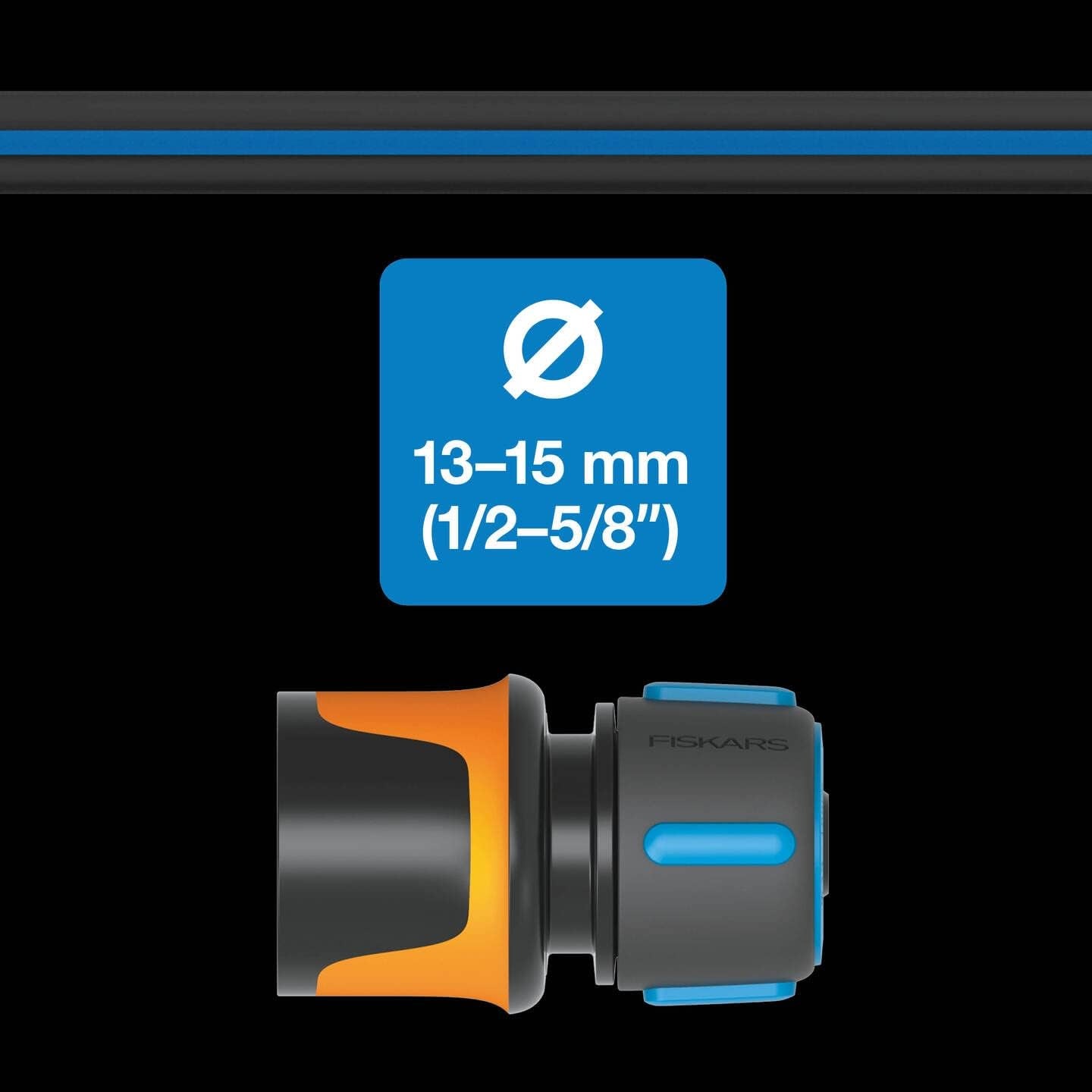 Set furtun de apă Fiskars pentru roată hidraulică, cu 2 conectori furtun și conector robinet, dimensiune universală, nivel de rigiditate torsională 4 (din 5), 1,8 m, Ø1,3-1,5 cm (1/2-5/8"), negru/portocaliu/albastru, 1057621