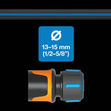 Set furtun de apă Fiskars pentru roată hidraulică, cu 2 conectori furtun și conector robinet, dimensiune universală, nivel de rigiditate torsională 4 (din 5), 1,8 m, Ø1,3-1,5 cm (1/2-5/8"), negru/portocaliu/albastru, 1057621