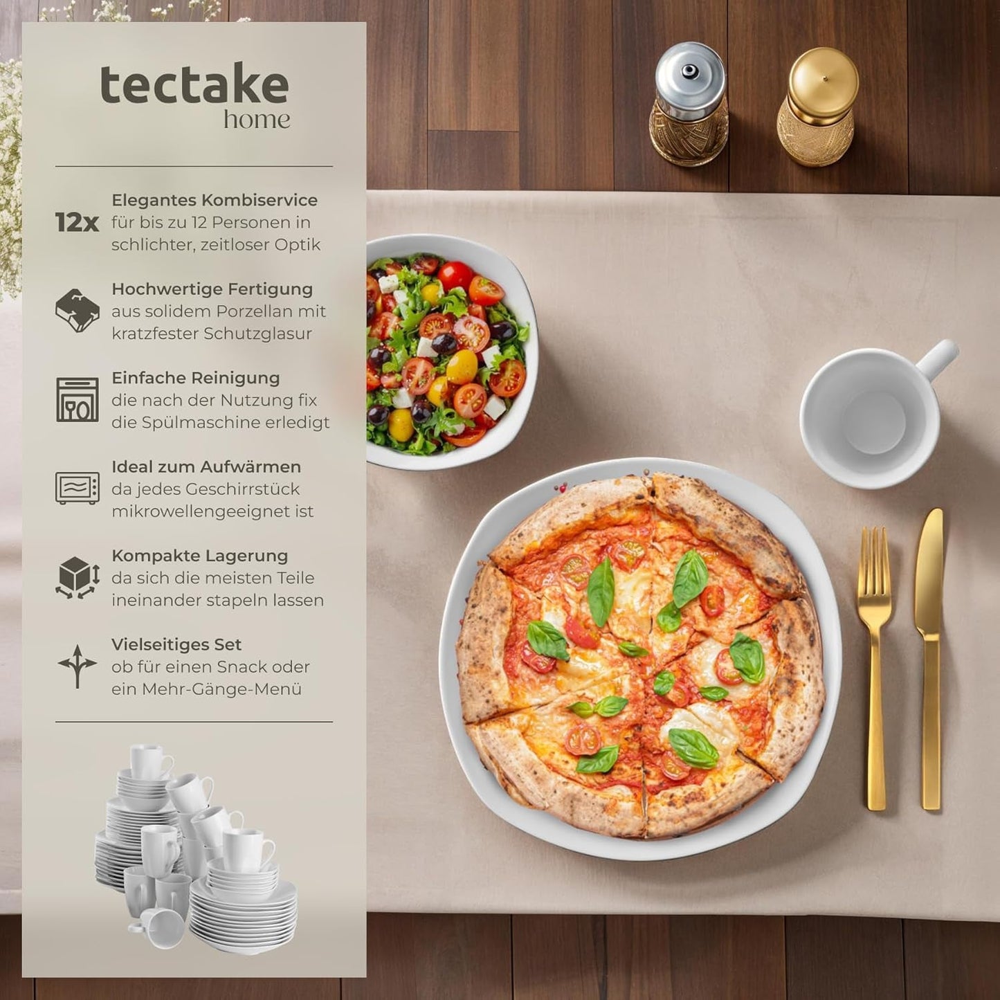 Set de veselă tectake® pentru 12 persoane, set de veselă din porțelan cu 100 de piese, inclusiv 12 farfurii, 12 farfurii de desert, 12 farfurii de sumă, 12 cești, 12 boluri pentru cereale, bol pentru salată, ulcior de lapte, zaharniță