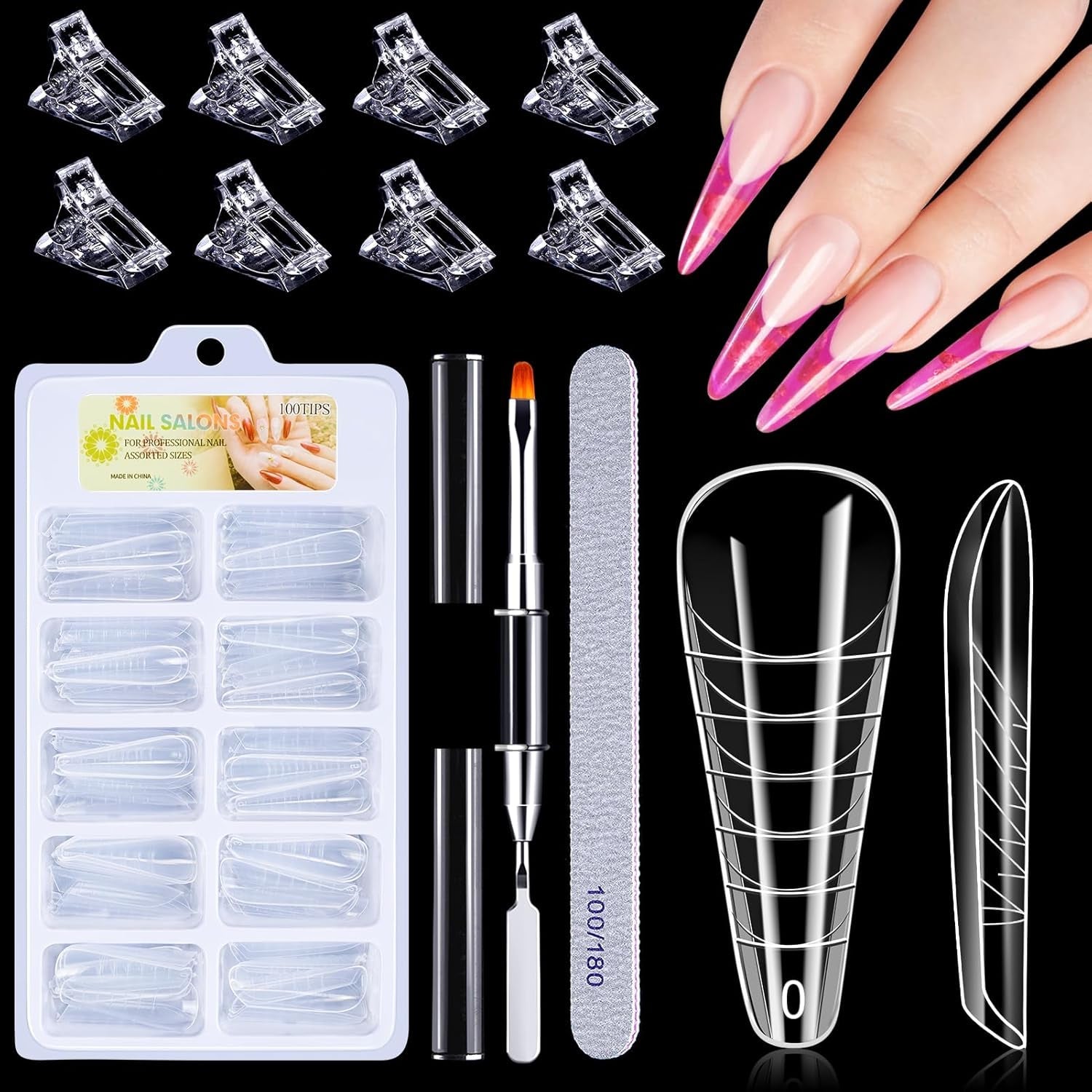 Set de 120 de forme pentru unghii, extensii de unghii, forme cu gel pentru unghii, set de forme pentru unghii cu perie cu două capete și pilă pentru unghii cu cleme, pentru unghii cu gel