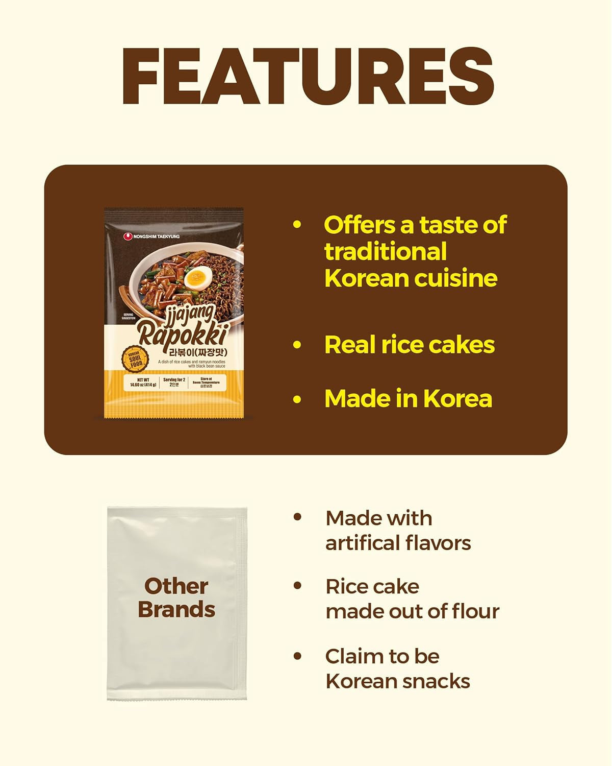 NONGSHIM Rapokki (Jjajang, 400 ml) – mâncare stradală coreeană autentică, ramen și turte de orez, fasole neagră; rapid și ușor de preparat, gata în 4 minute