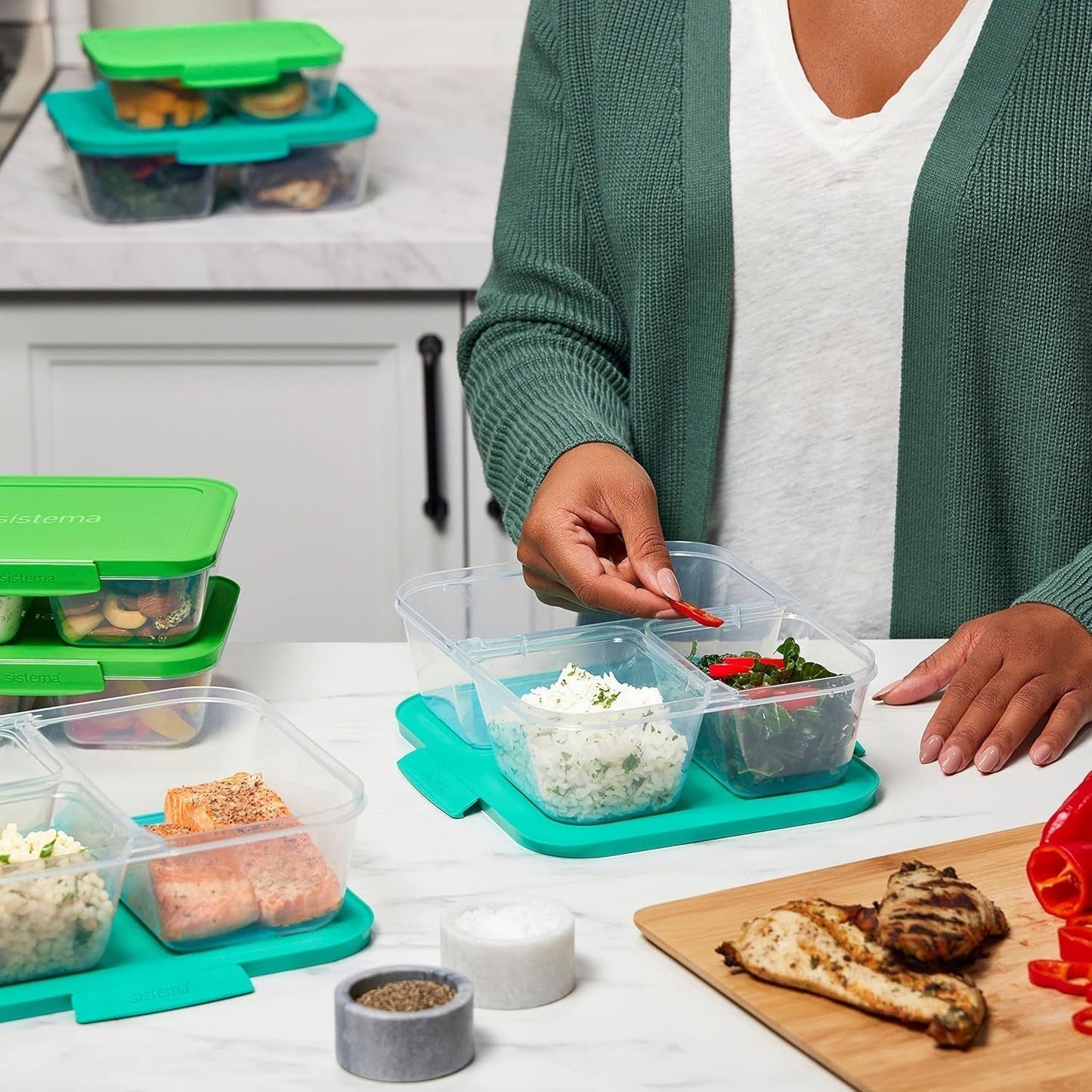 Sistema Nest IT containere pentru depozitarea alimentelor Meal Prep Boxes | 1,9 litri containere de depozitare etanșe cu TREI compartimente și capace | BPA-Free | Verde | 5 bucăți Cutii depozitare alimente Naty Shop