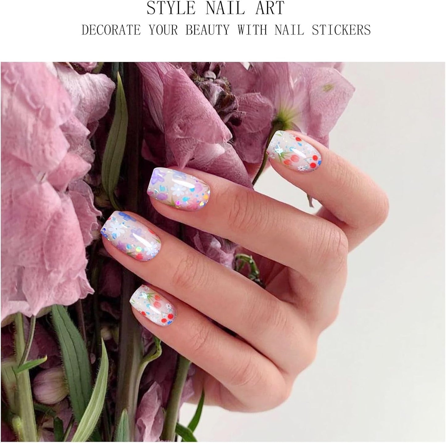 JMEOWIO Nagelfolie UV Härtend Bunter Blumenglitzer UV Gel Nail Strips Nagelsticker Nagelaufkleber Nail Art Dekoration Nageldesign Zubehör